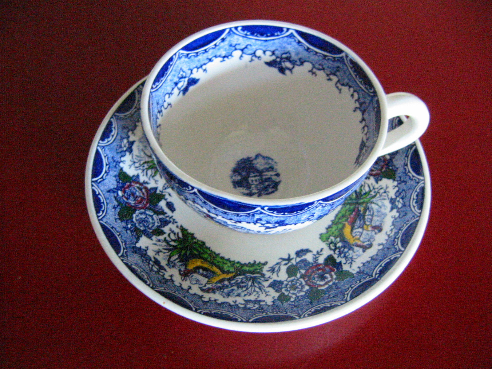 Scenic Tea Cup Saucer Marked PV France Quimper Style - Designer Unique Finds 