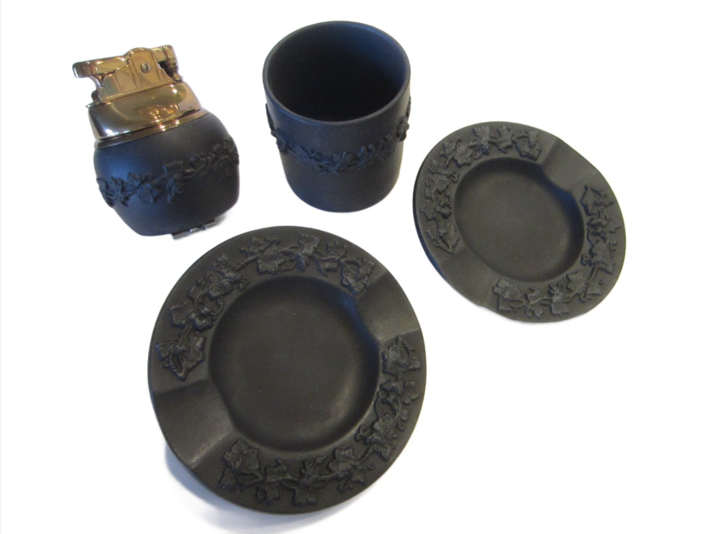 Wedgwood England Majolica Brown Ashtray Lighter Set Table Décor - Designer Unique Finds 