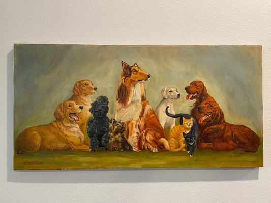 Eileen Ward Dogs Cats Gathering Signed Oil On Canvas