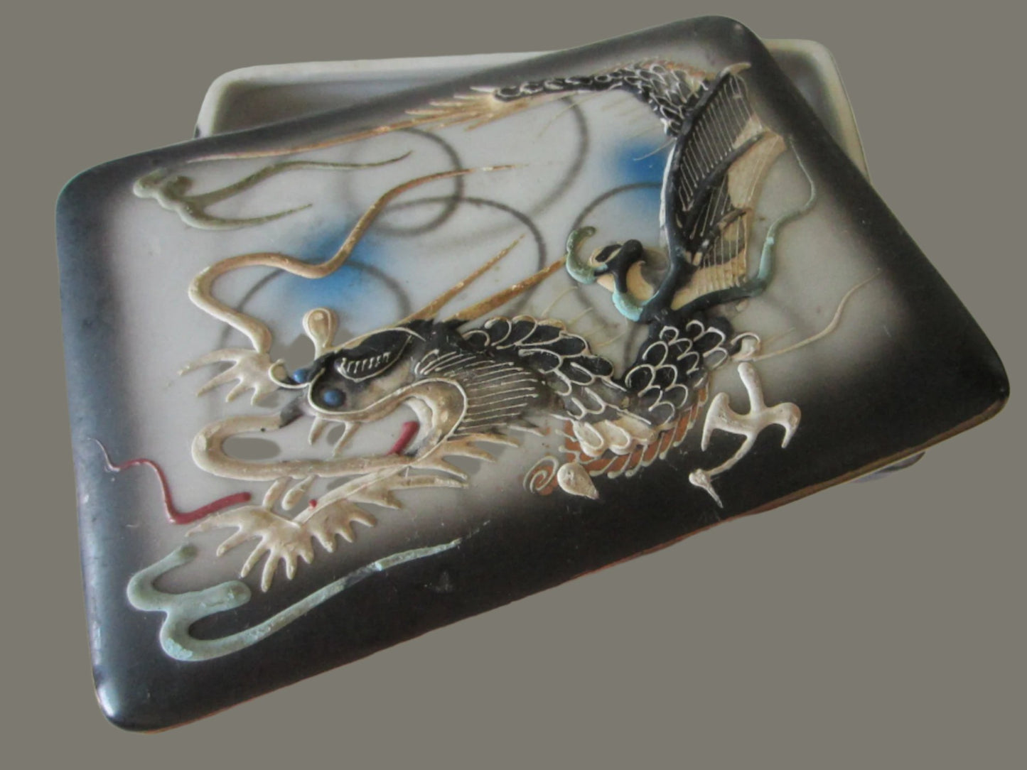 Asian Dragon Ware Covered Rectangular Porcelain Hand Painted Box