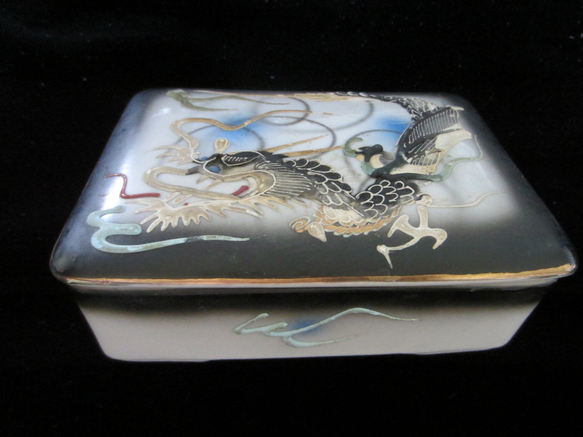 Oriental Hand Painted Majolica Porcelain Covered Box Decorated Dragon - Designer Unique Finds 