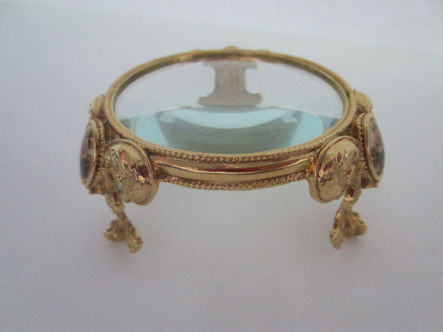 Ormolu Magnifier Stand Porcelain Pink Rose Medallion Floral Foot