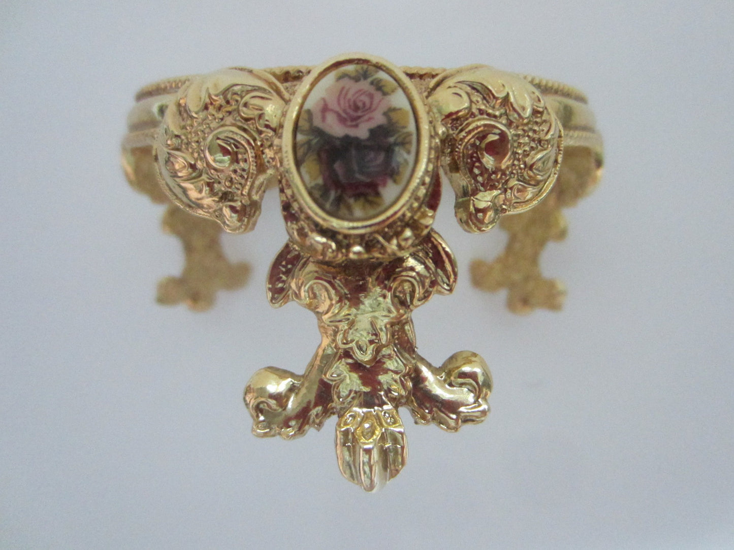 Ormolu Magnifier Stand Porcelain Pink Rose Medallion Floral Foot