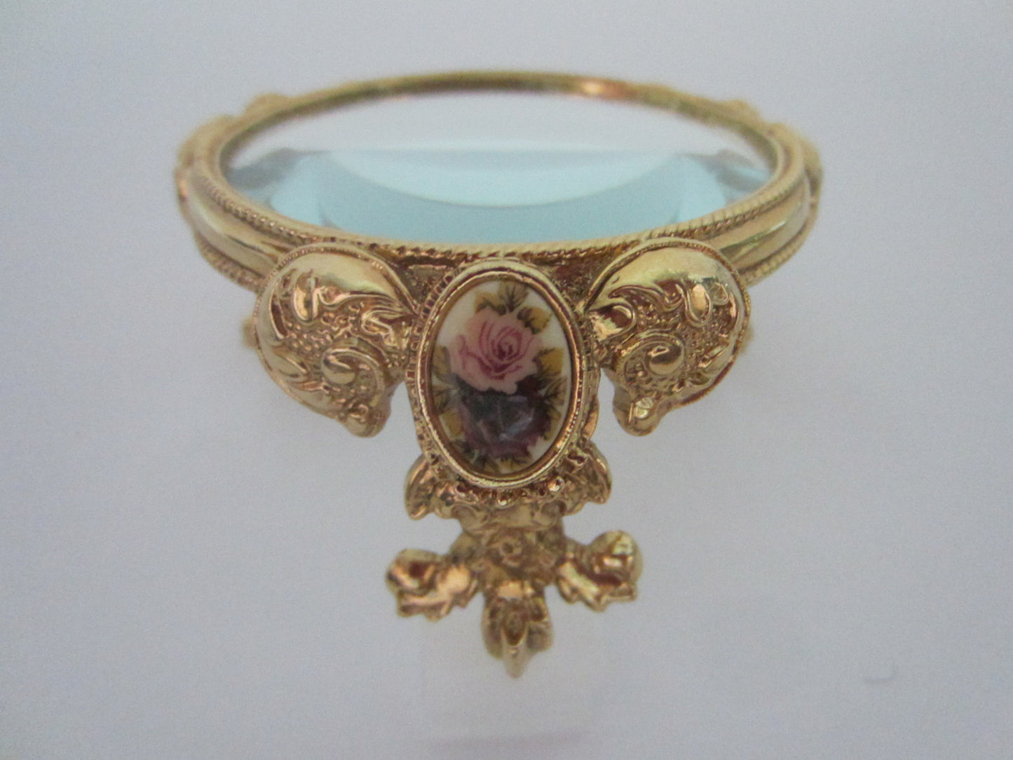 Ormolu Magnifier Stand Porcelain Pink Rose Medallion Floral Foot