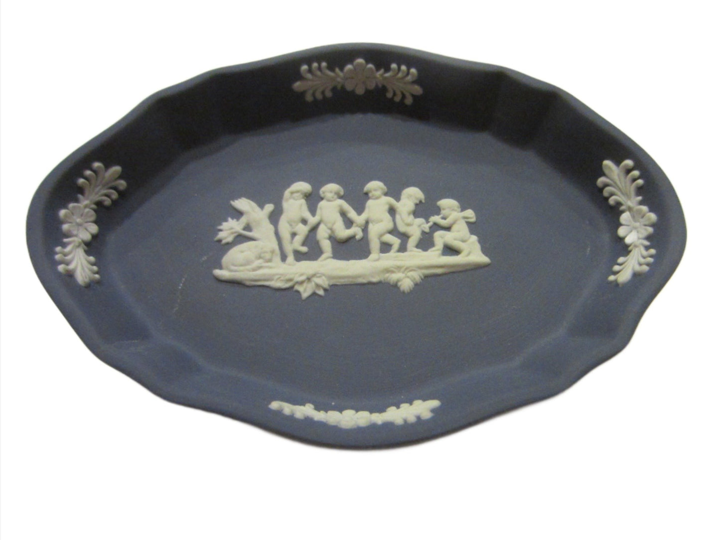 Wedgwood White On Portland Blue Tray Silver Oval Design Bass Relief - Designer Unique Finds 