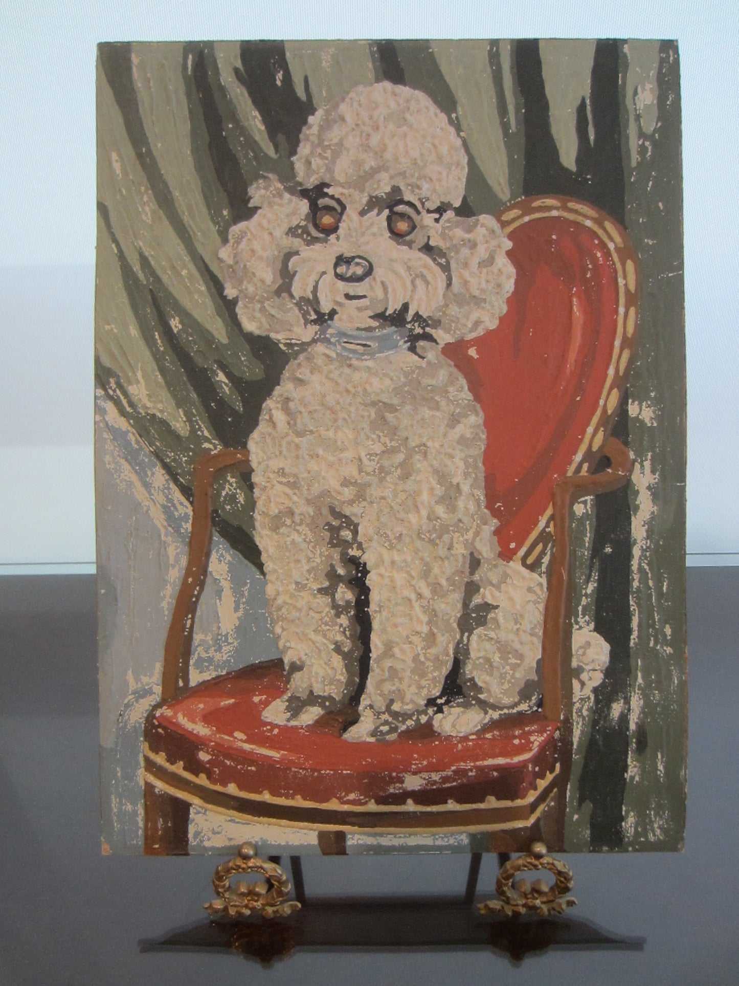 Seated White Poodle On Red Chair Gouache Painting On Paper