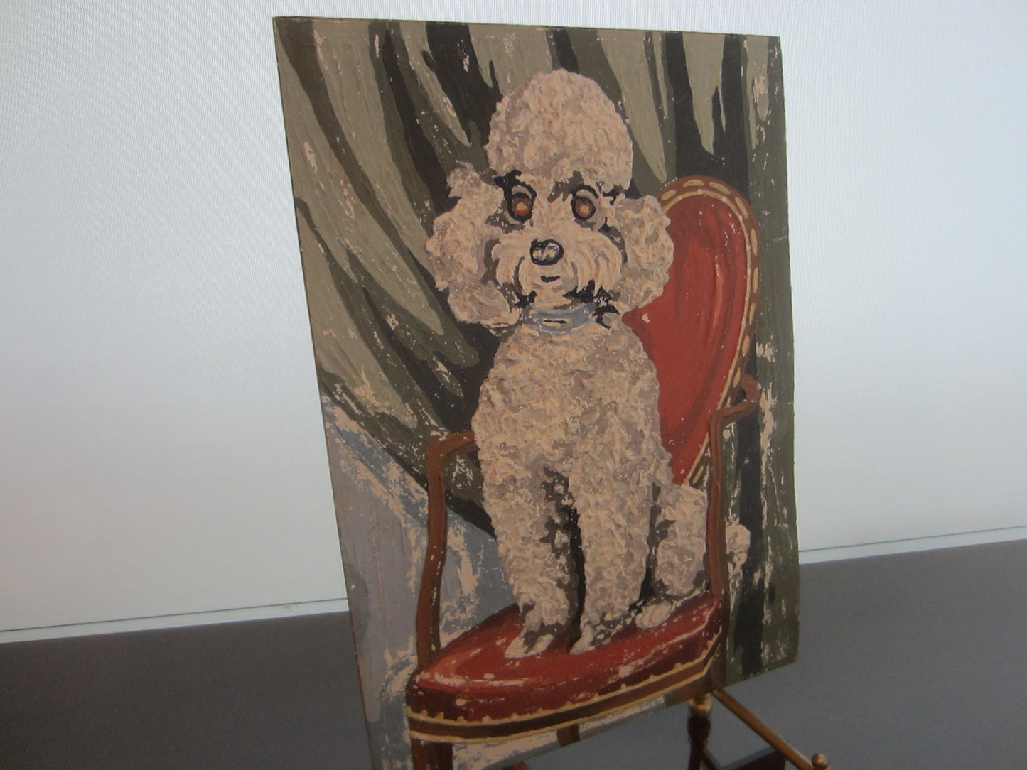 Seated White Poodle On Red Chair Gouache Painting On Paper