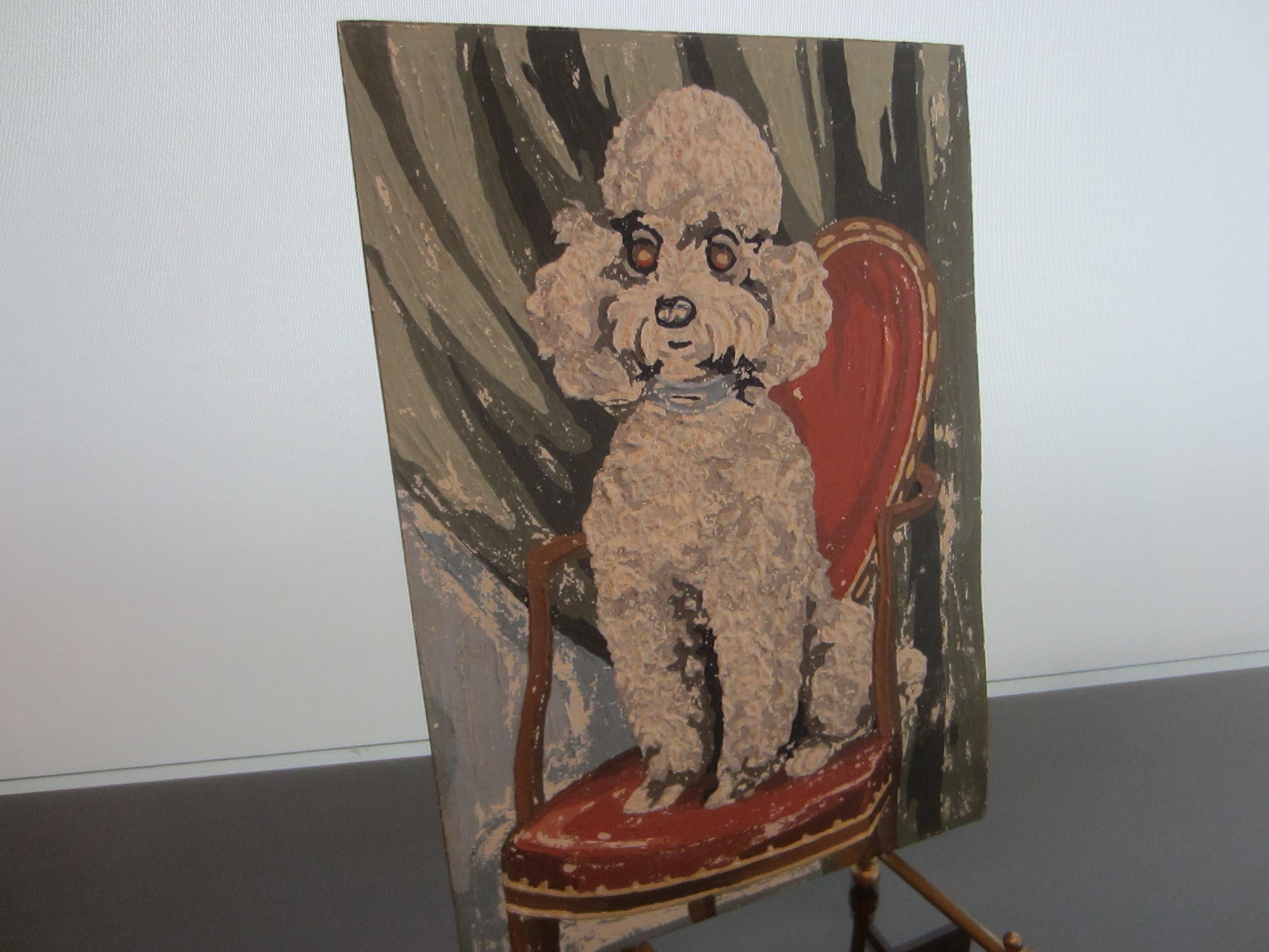 Seated White Poodle On Red Chair Gouache Painting On Paper