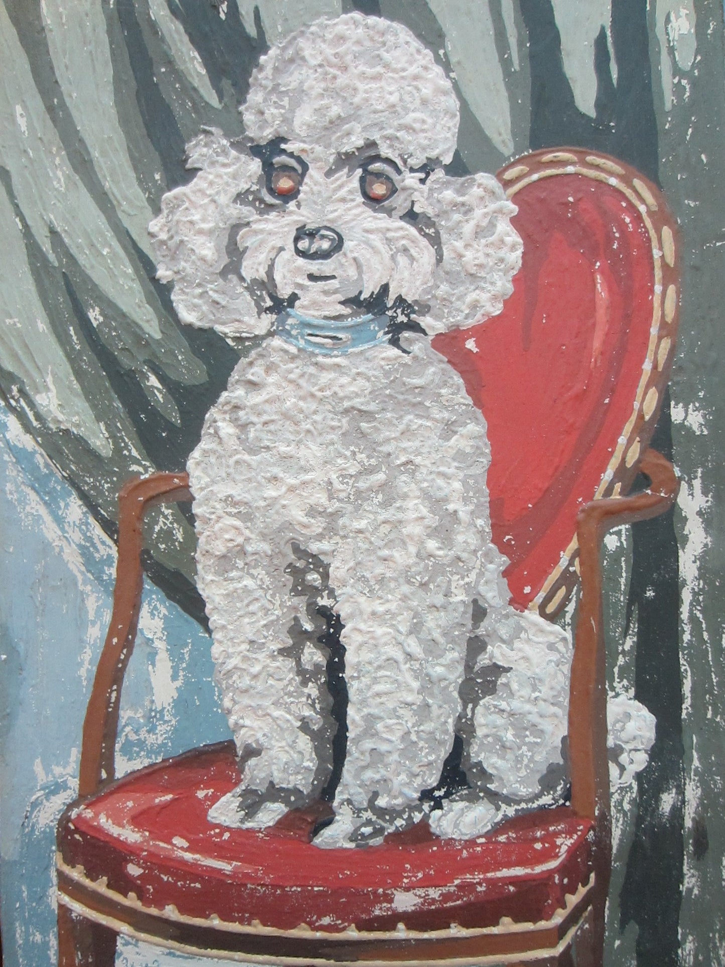 Seated White Poodle On Red Chair Gouache Painting On Paper