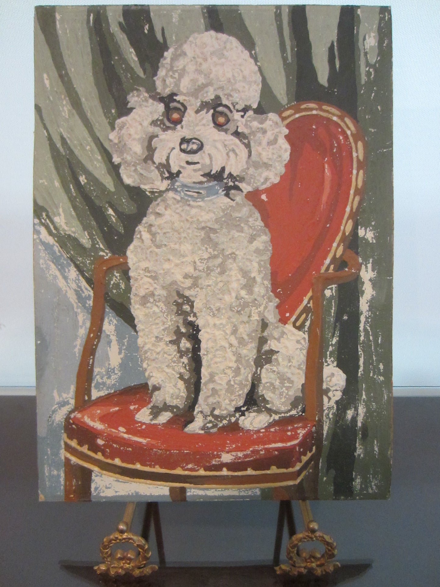 Seated White Poodle On Red Chair Gouache Painting On Paper