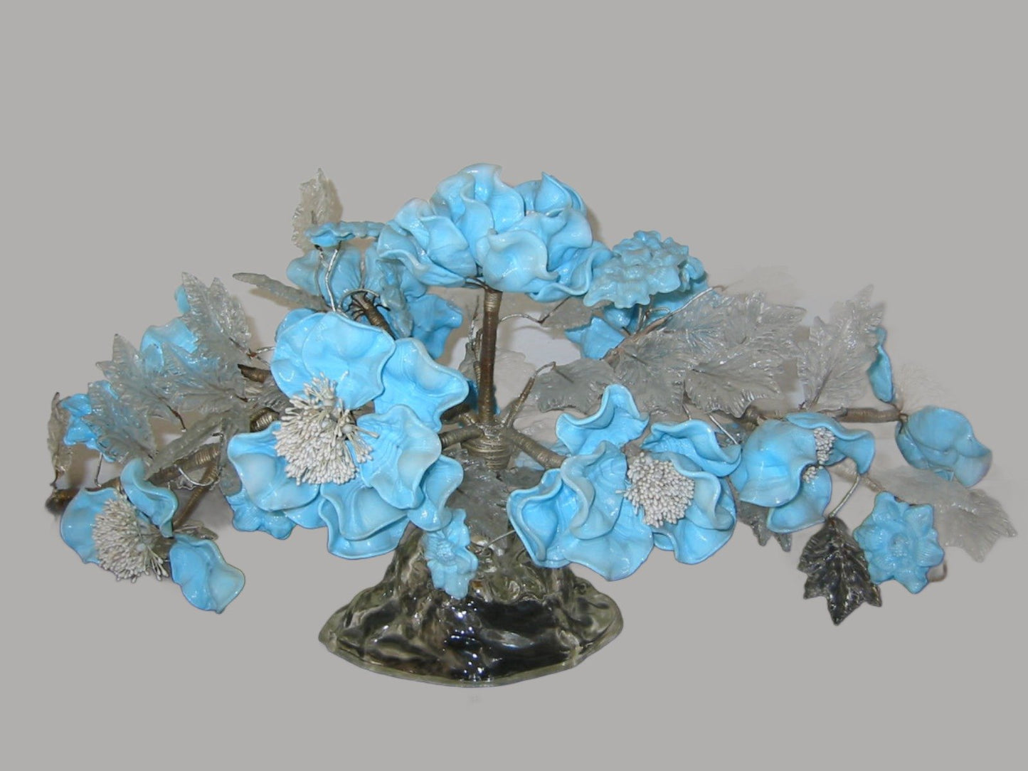 Venetian Glass Centerpiece Blue Flowers Arrangement Clear Petals - Designer Unique Finds 