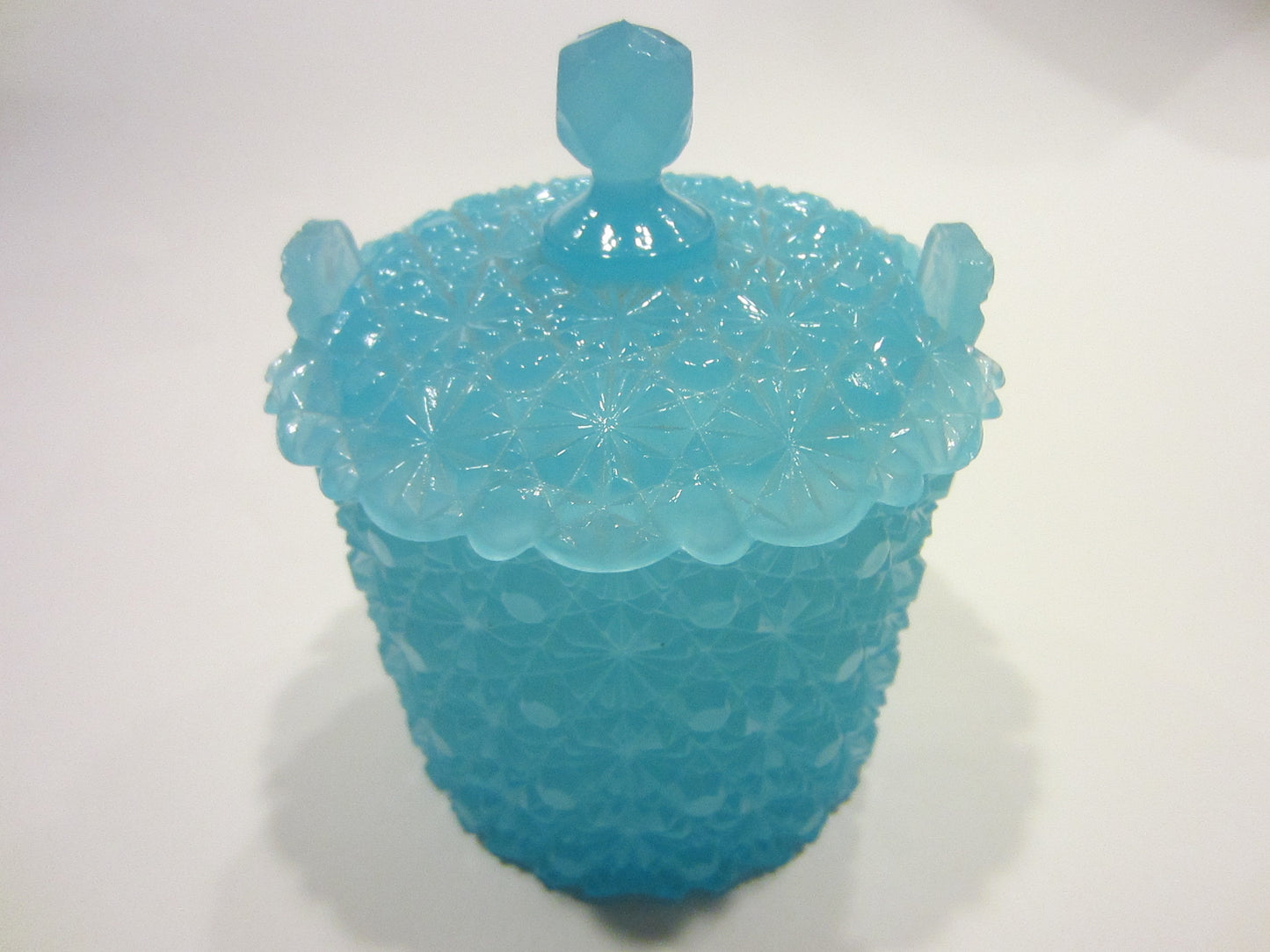 Depression Glass Snow Flake Design Blue Turquoise Covered Vanity Cotton Jar - Designer Unique Finds 
 - 1