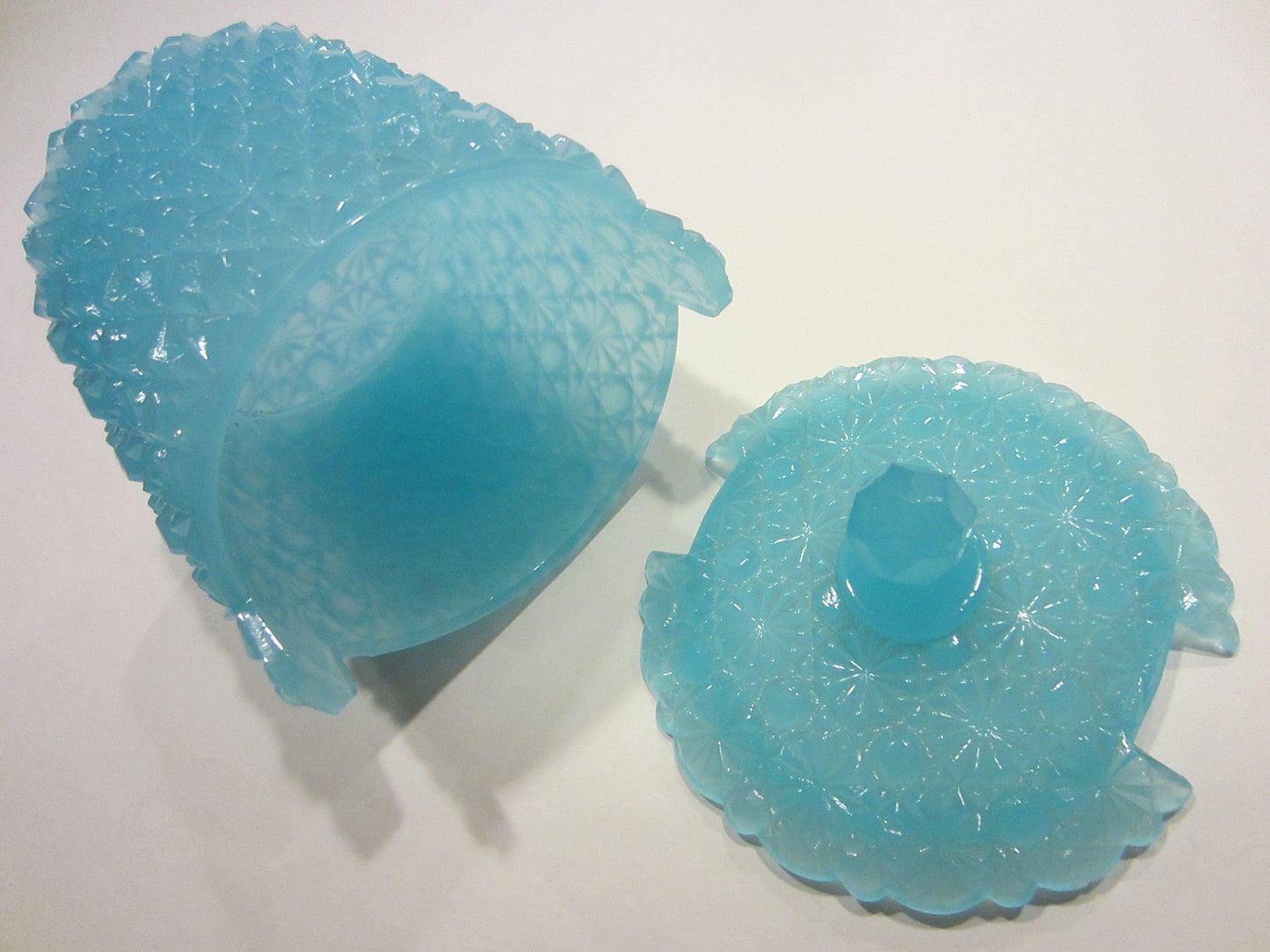 Depression Glass Snow Flake Design Blue Turquoise Covered Vanity Cotton Jar - Designer Unique Finds 
 - 2