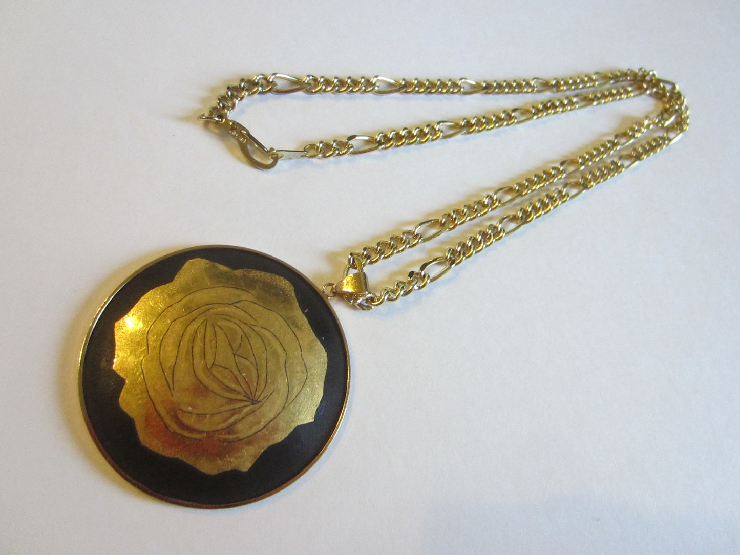 Amita Damascene Flower Bamboo Pendant Gold 12 K Gold Plated Chain - Designer Unique Finds 