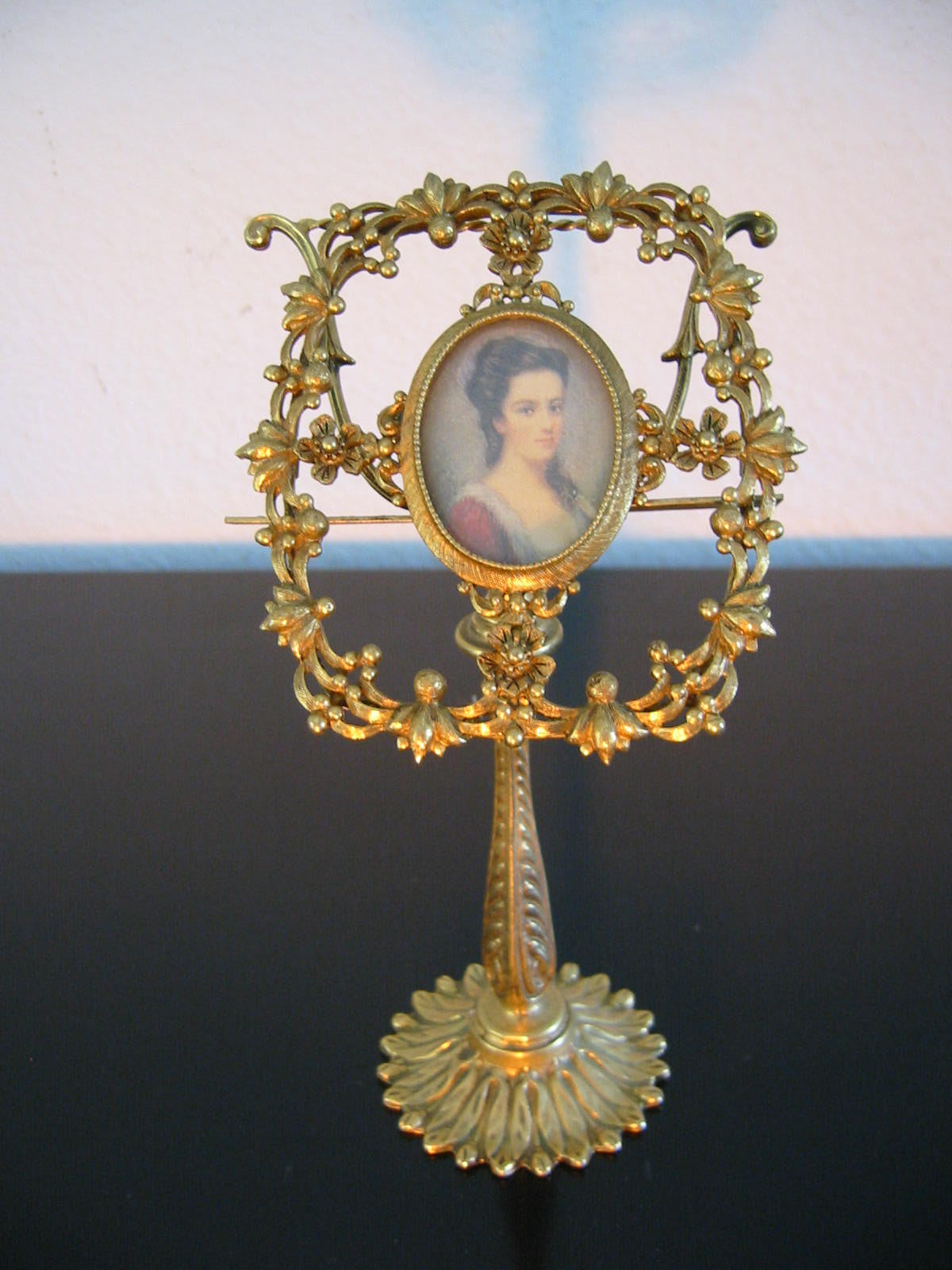 Ormolu Florenza Paper Photo Floral Frame On Folk Art Bronze Harp Stand - Designer Unique Finds 