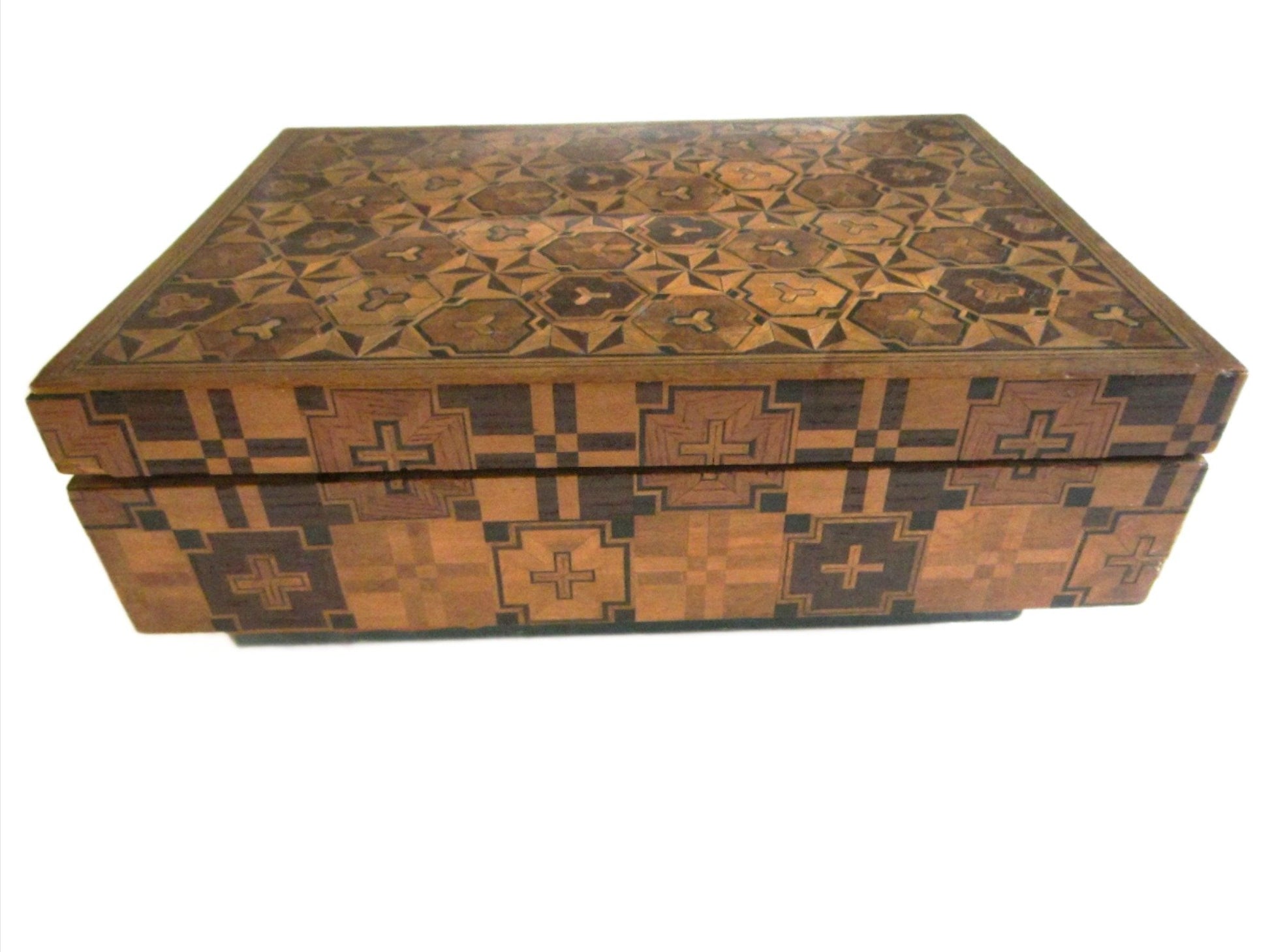 Parquetry Inlaid Marquetry Art Deco Rectangular Puzzle Style Insartia Box - Designer Unique Finds 
 - 1