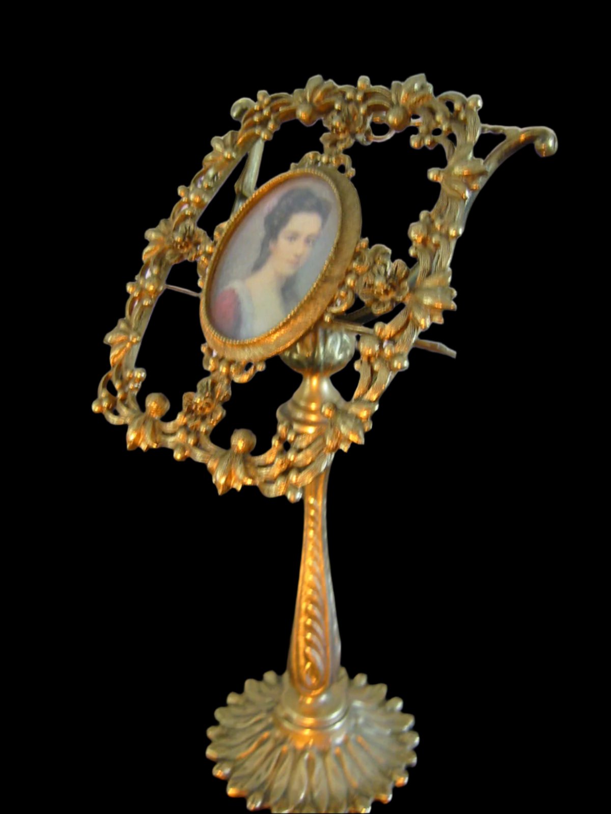 Ormolu Florenza Paper Photo Floral Frame On Folk Art Bronze Harp Stand - Designer Unique Finds 