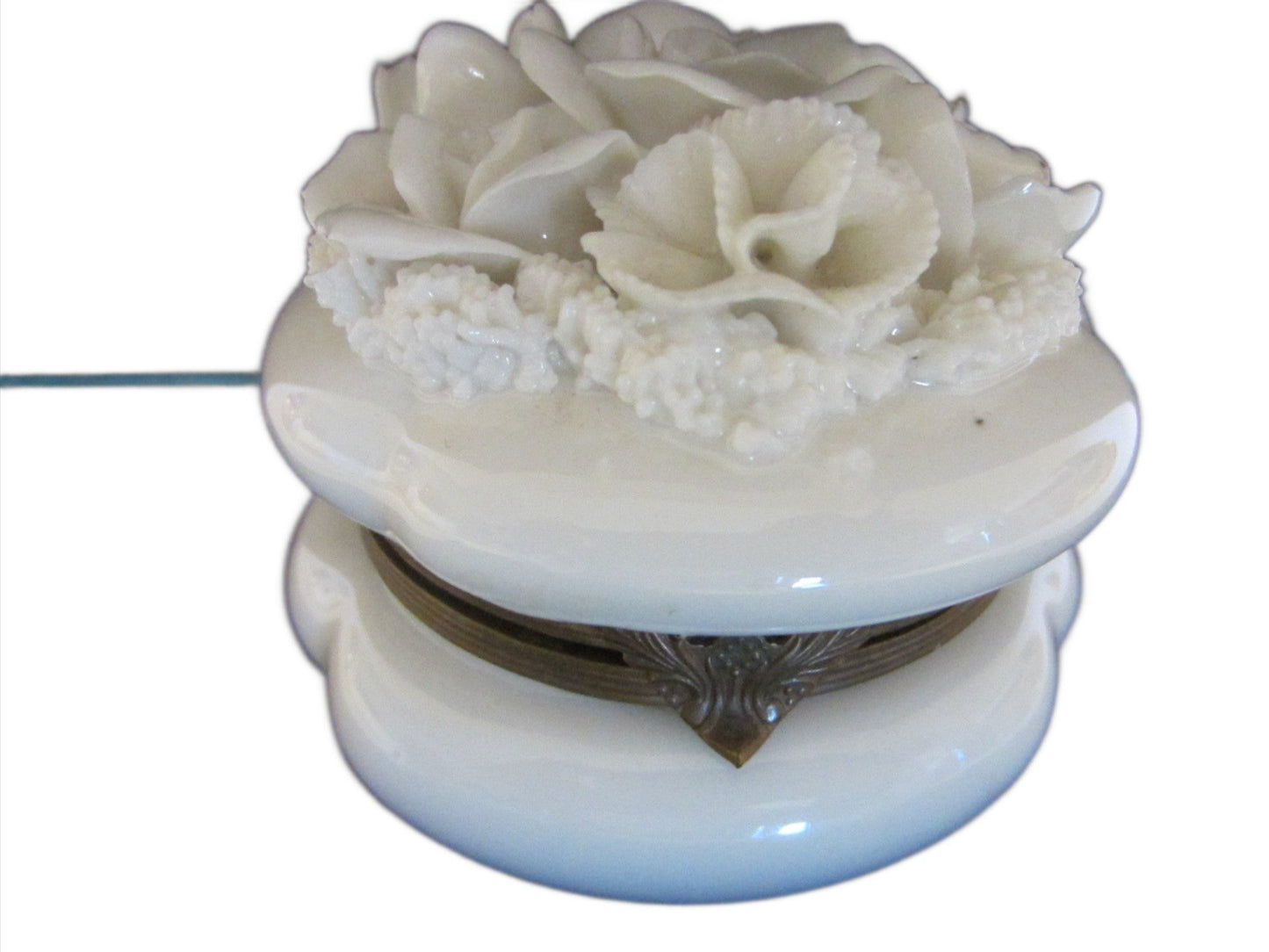 White Roses Raised Powder Box Decorated Brass Hardware - Designer Unique Finds  - 1