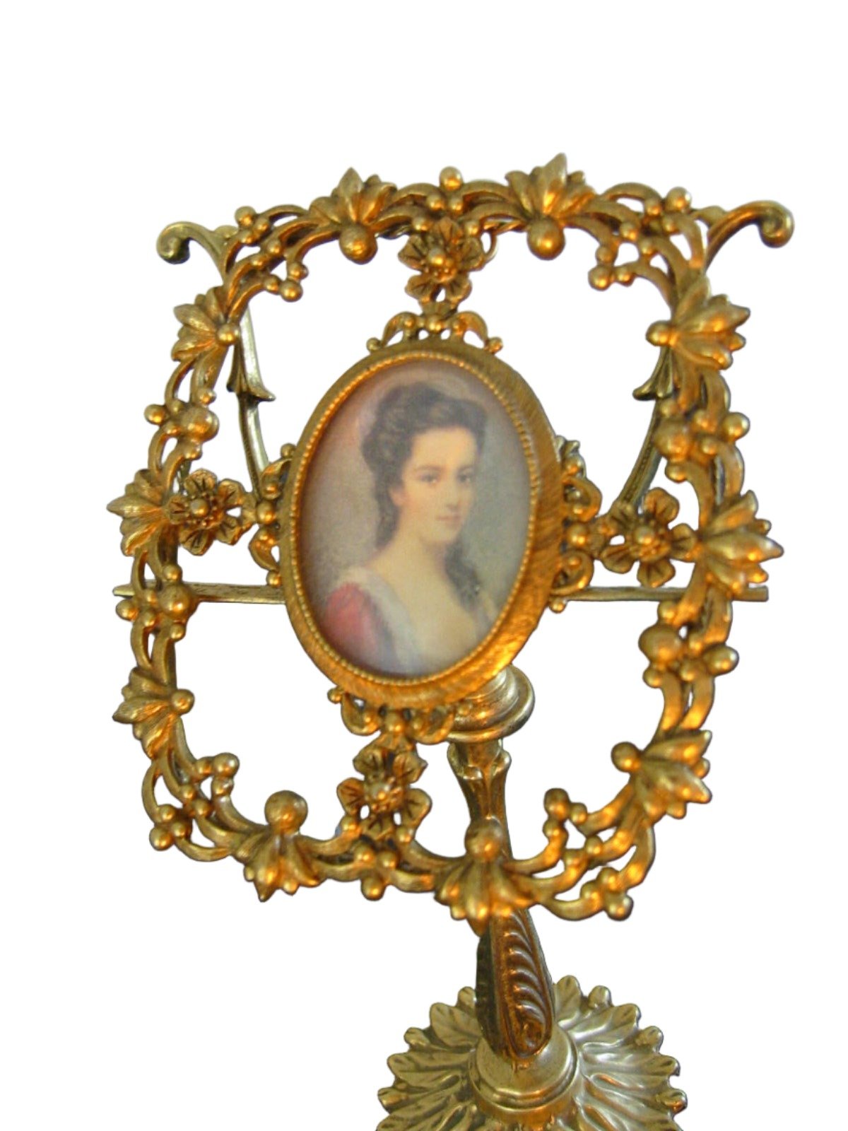 Ormolu Florenza Paper Photo Floral Frame On Folk Art Bronze Harp Stand - Designer Unique Finds 