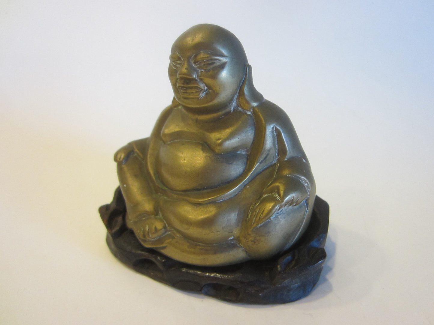 Brass Buddha On Carved Mahogany Stand - Designer Unique Finds 