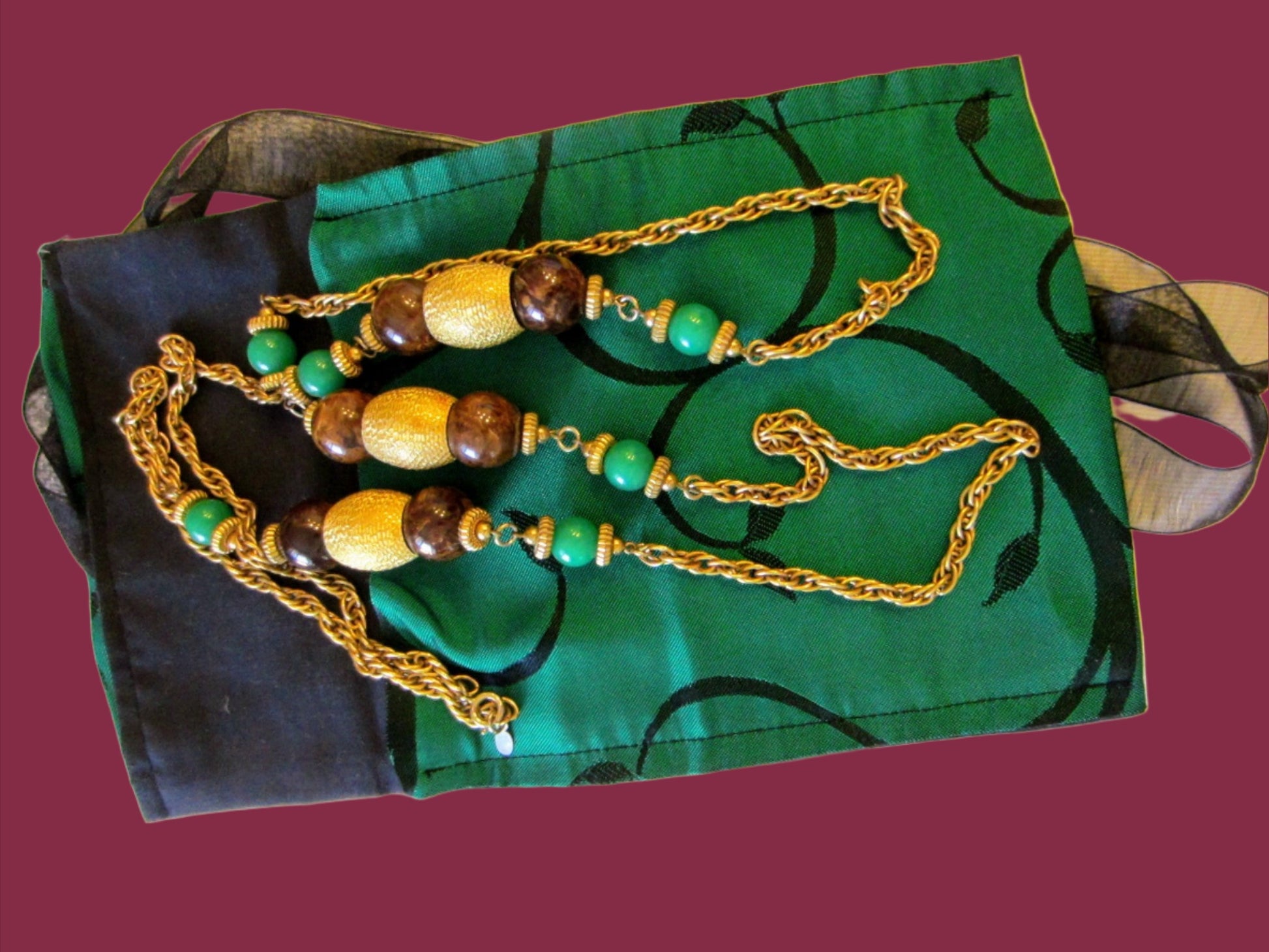 Cadoro Gold Green Beads Chain Mid Century Signed Necklace 