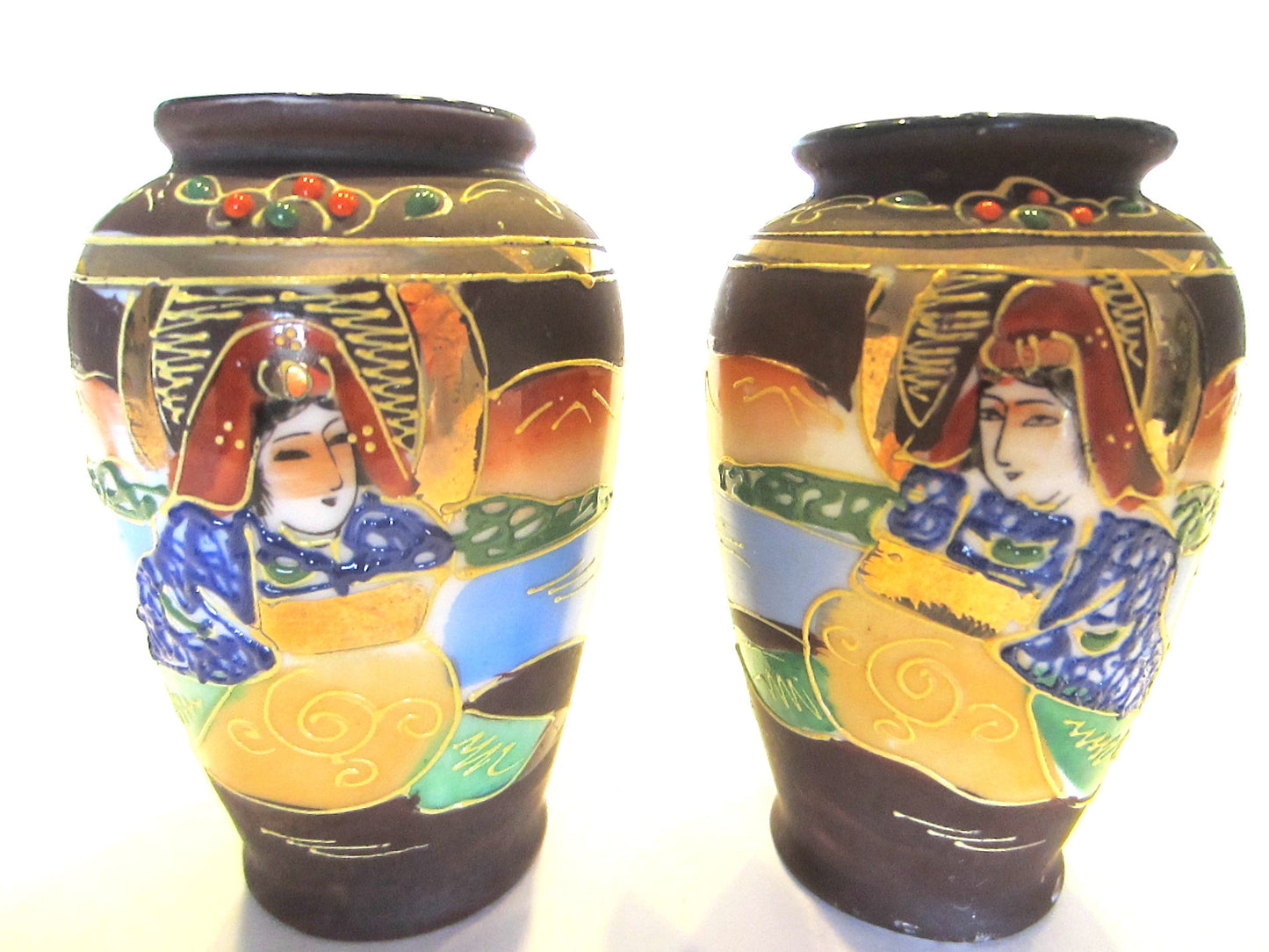 Japanese Vases Gilt Decorated Moriage Figurative Hand Painted Marked - Designer Unique Finds 