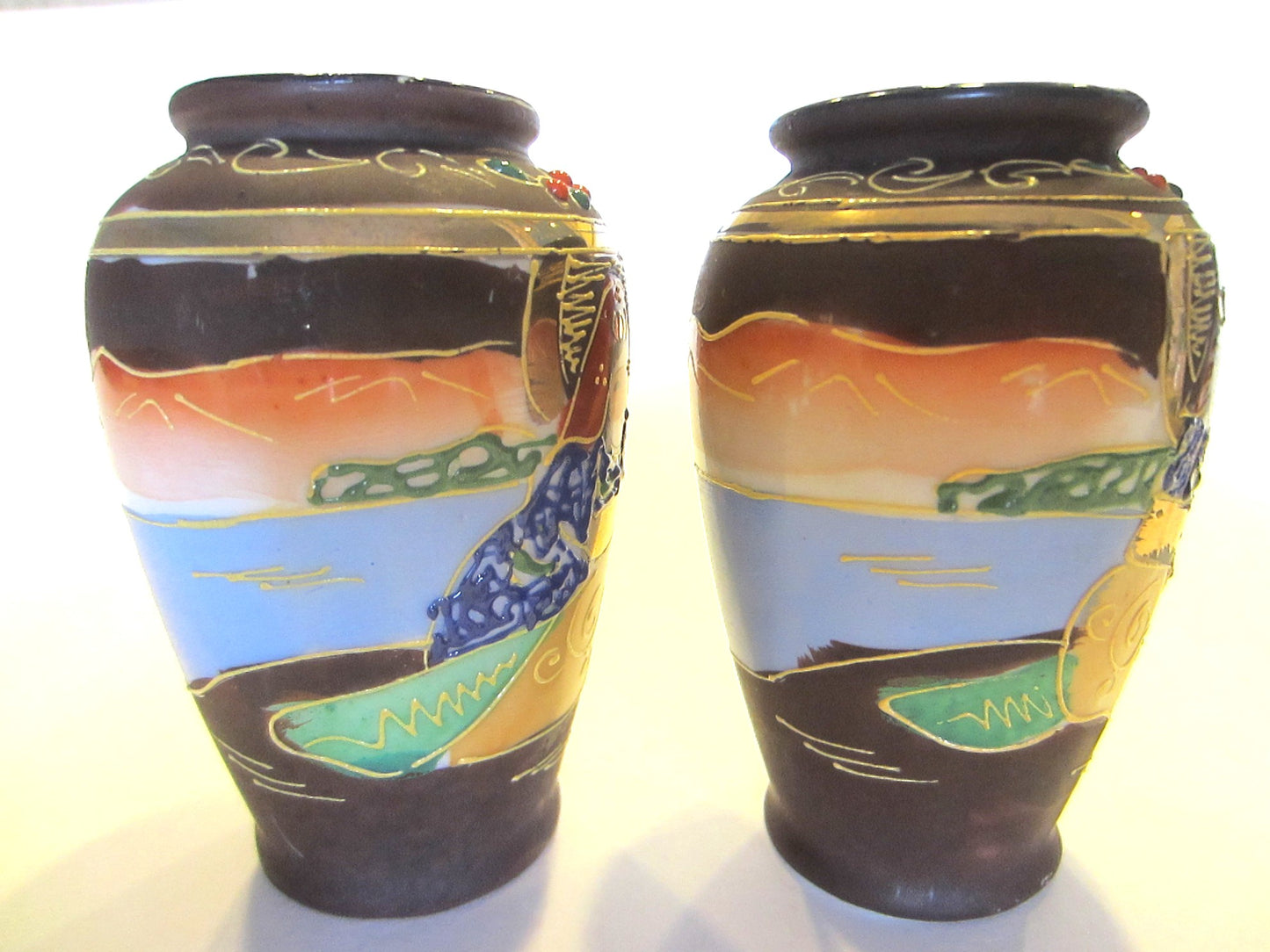 Japanese Vases Gilt Decorated Moriage Figurative Hand Painted Marked - Designer Unique Finds 