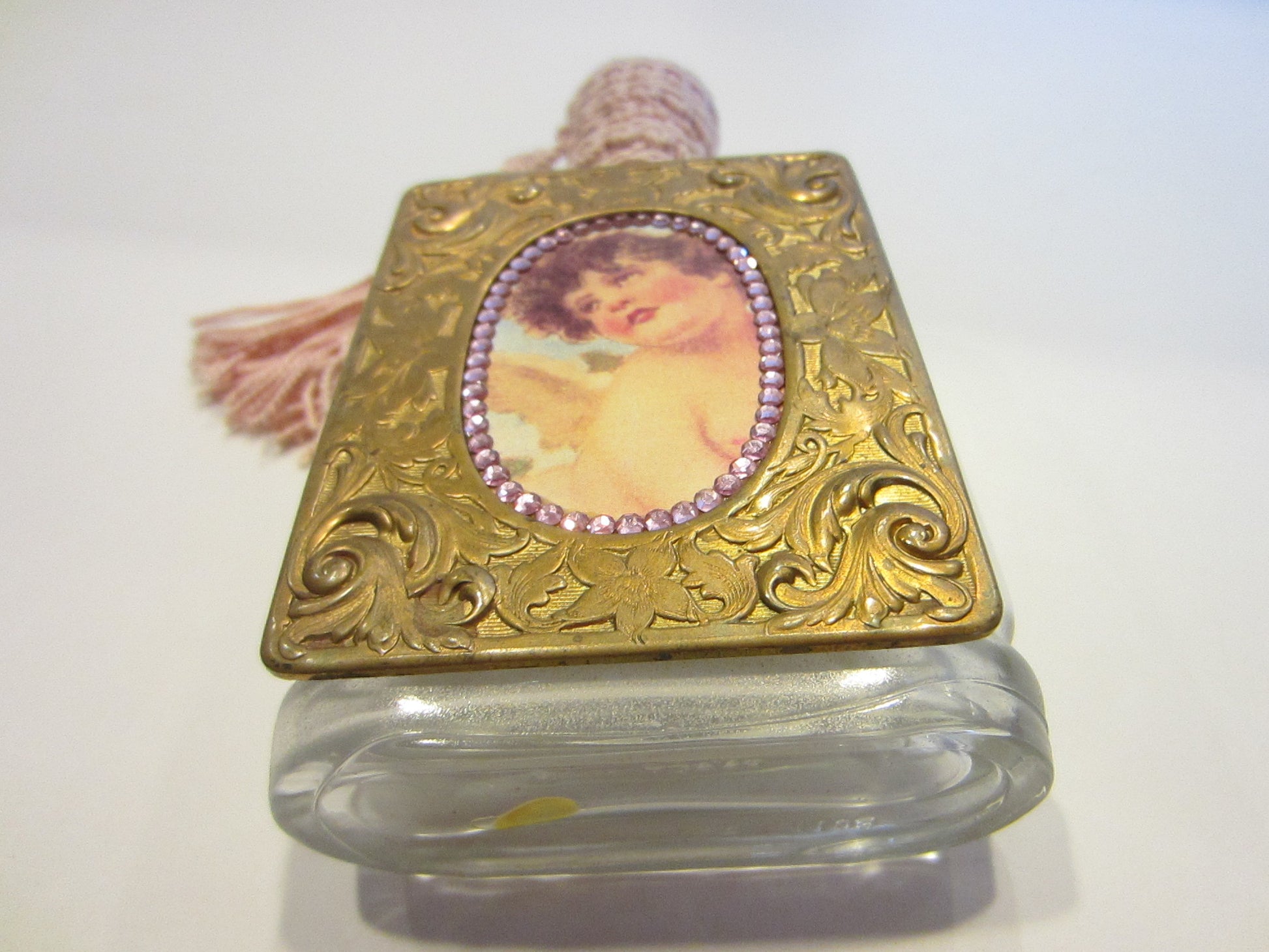 French VCA Glass Perfume Bottle Bronze Plate Angel Portrait Pink Crystal Tassel Top - Designer Unique Finds 