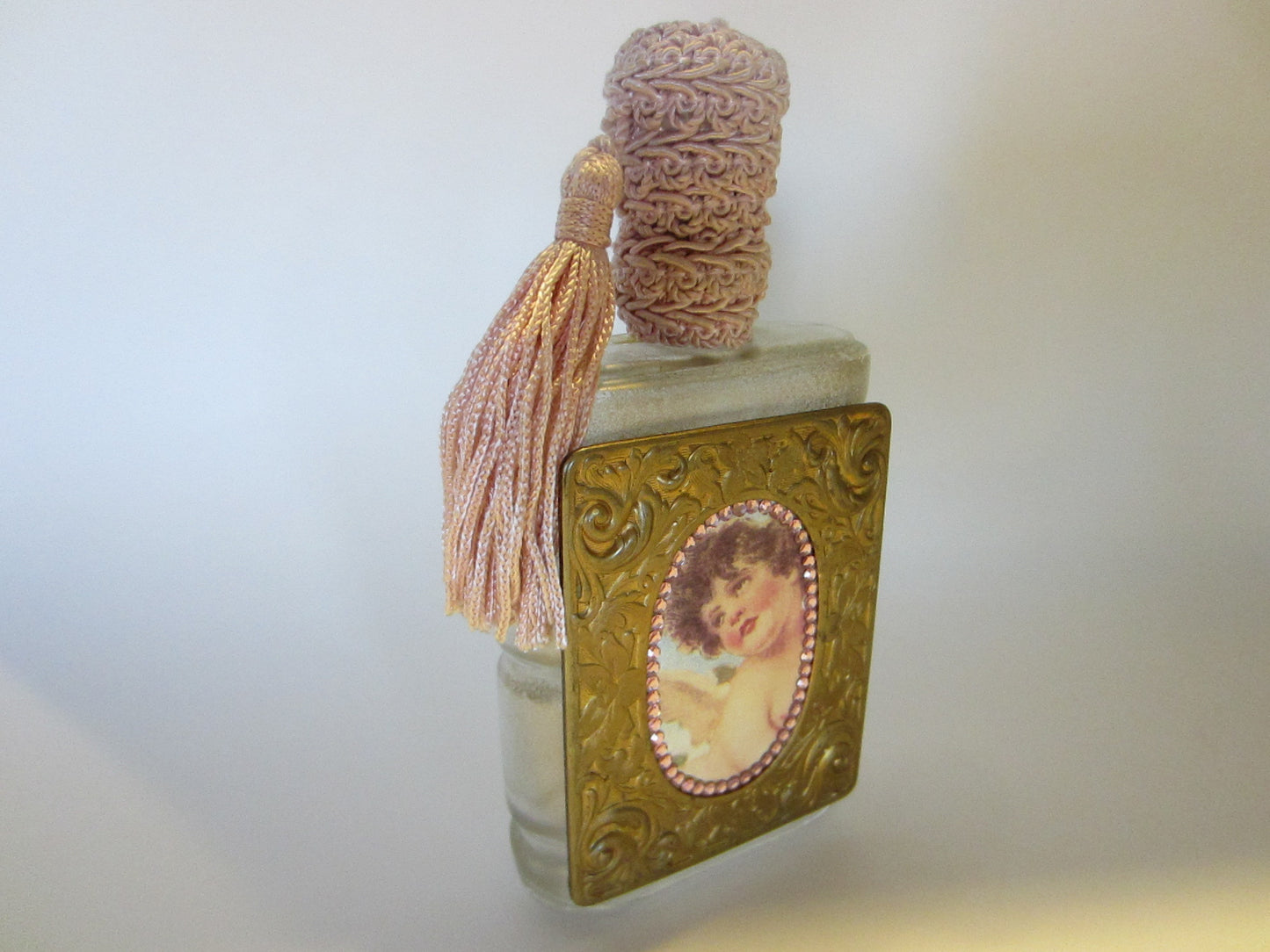 France Perfume Bottle Paper Portrait Bronze Plate Pink Rhinestones Tassel Top - Designer Unique Finds 
 - 3