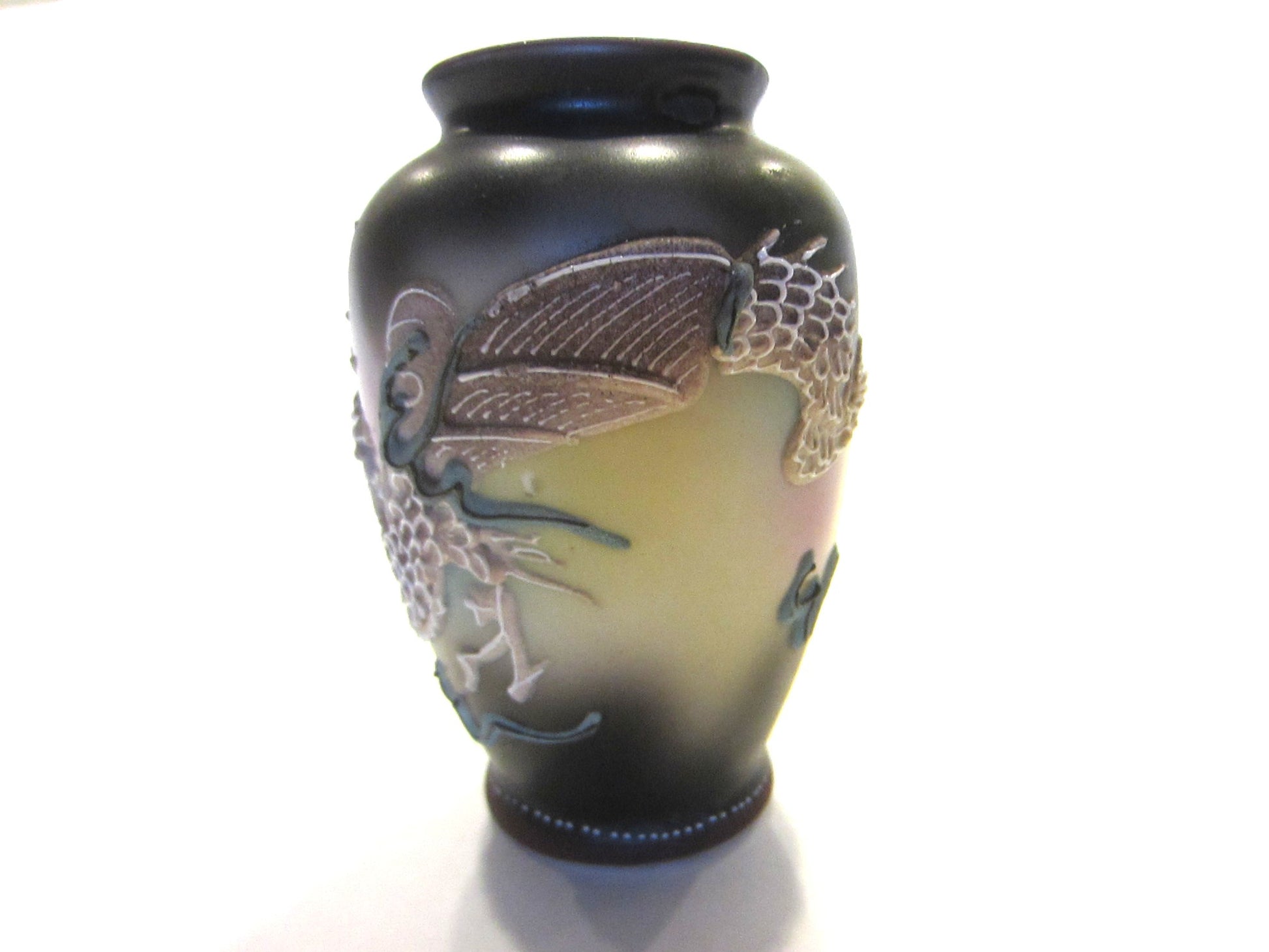 Japanese Majolica Dragon Vase Jeweled Blue Coral Enameling Eyes With Stamp Mark - Designer Unique Finds 