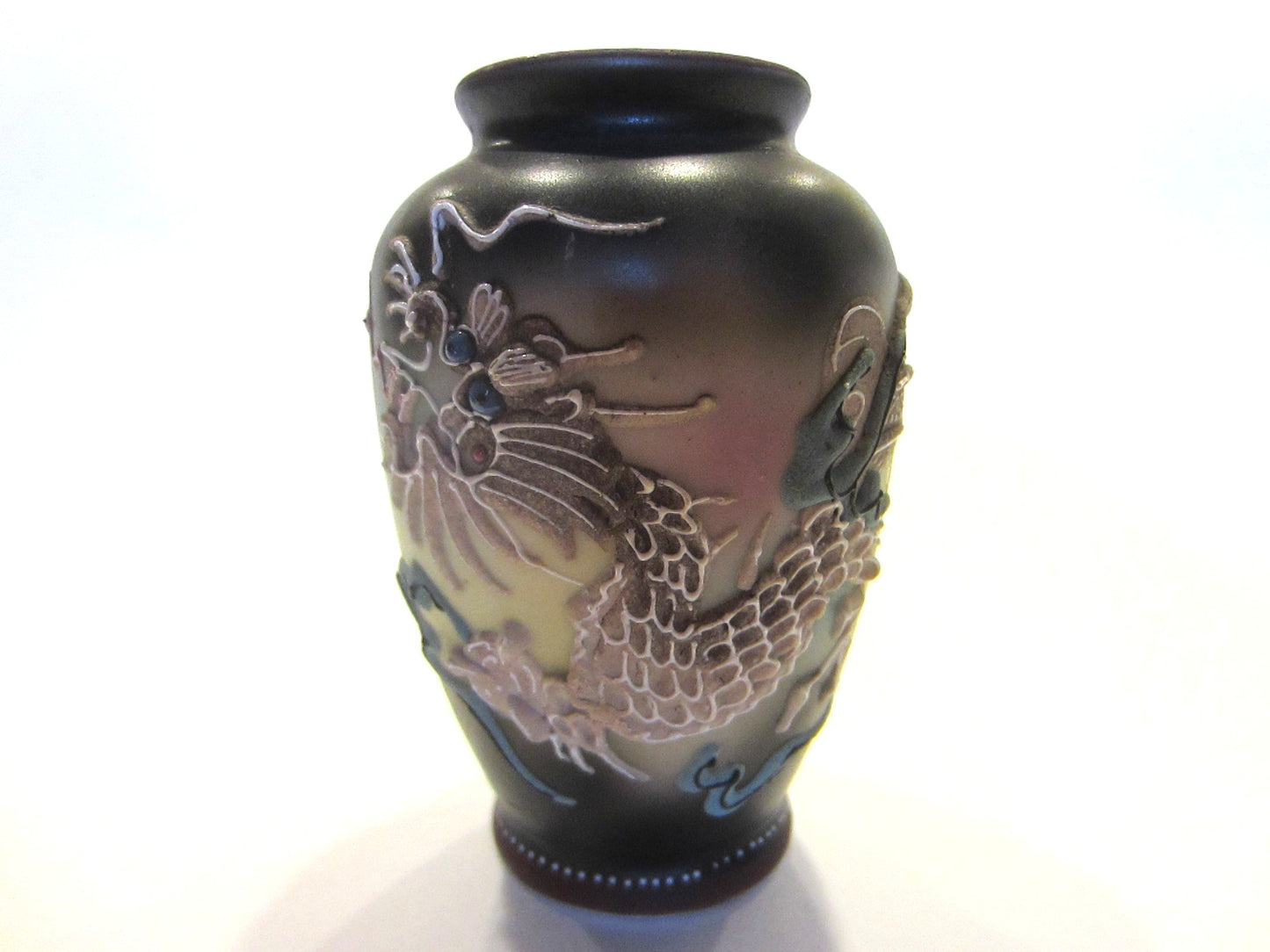 Japanese Majolica Dragon Vase Jeweled Blue Coral Enameling Eyes With Stamp Mark - Designer Unique Finds 