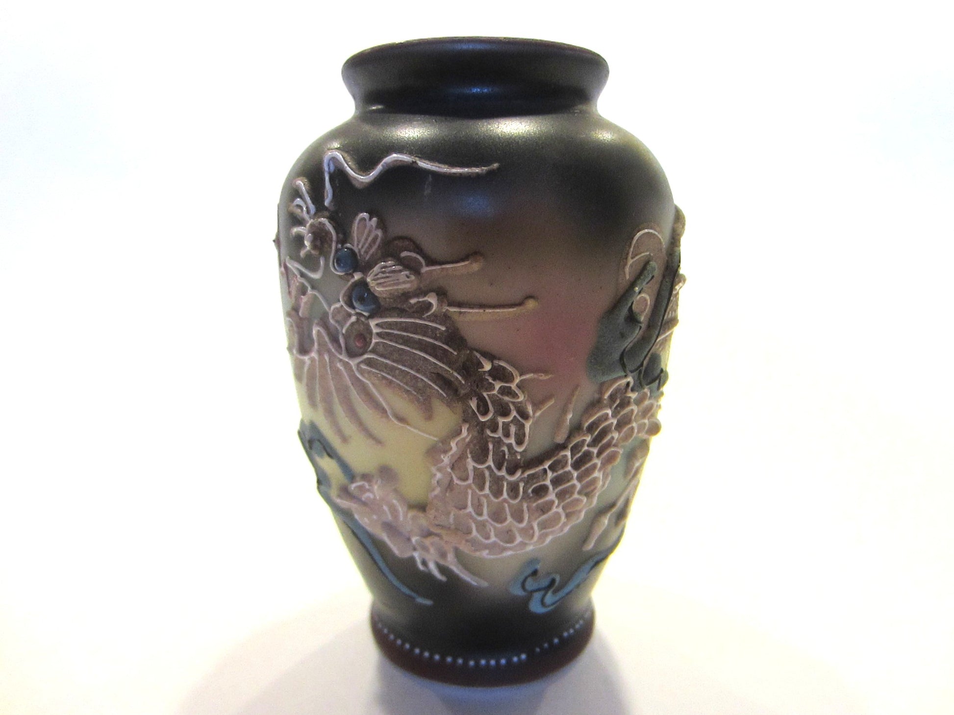 Japanese Majolica Dragon Vase Jeweled Blue Coral Enameling Eyes With Stamp Mark - Designer Unique Finds 