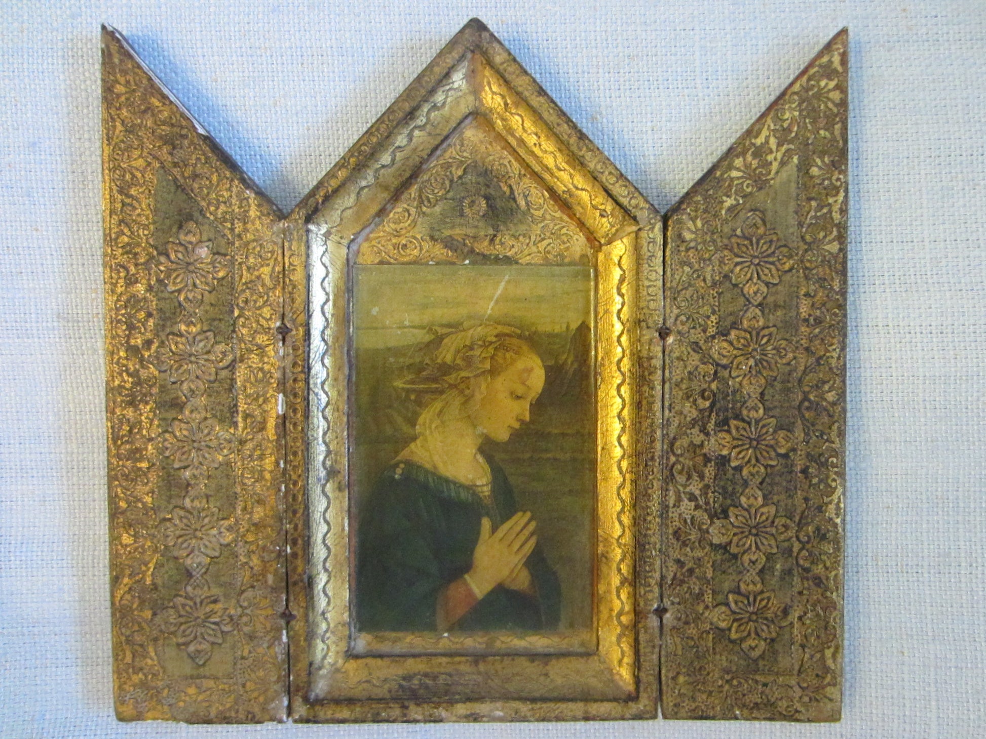 Florentine Tole Triptych Madonna Portrait Distressed Gilt Wood - Designer Unique Finds 
 - 1