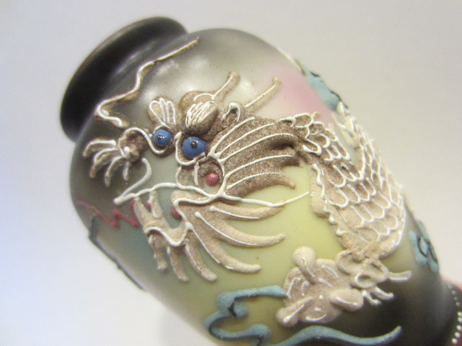 Japanese Majolica Dragon Vase Jeweled Blue Coral Enameling Eyes With Stamp Mark - Designer Unique Finds 