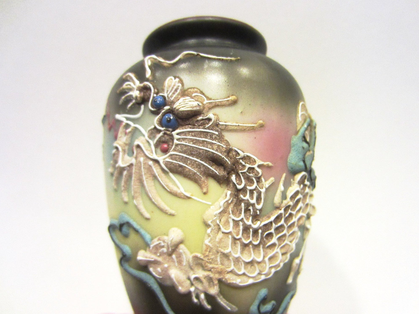 Japanese Majolica Dragon Vase Jeweled Blue Coral Enameling Eyes With Stamp Mark - Designer Unique Finds 