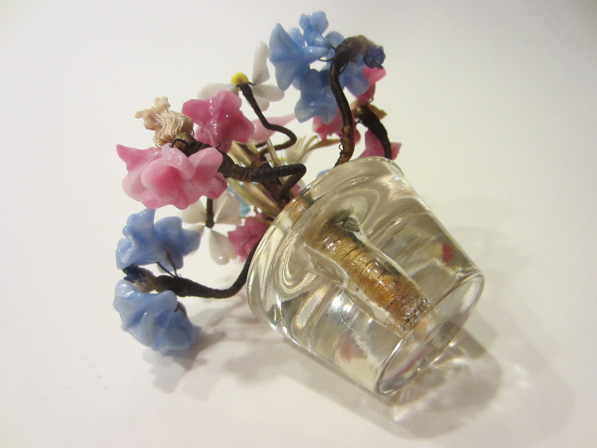 Venetian Flowers In Glass Pot Blue Pink Birds Accent - Designer Unique Finds 