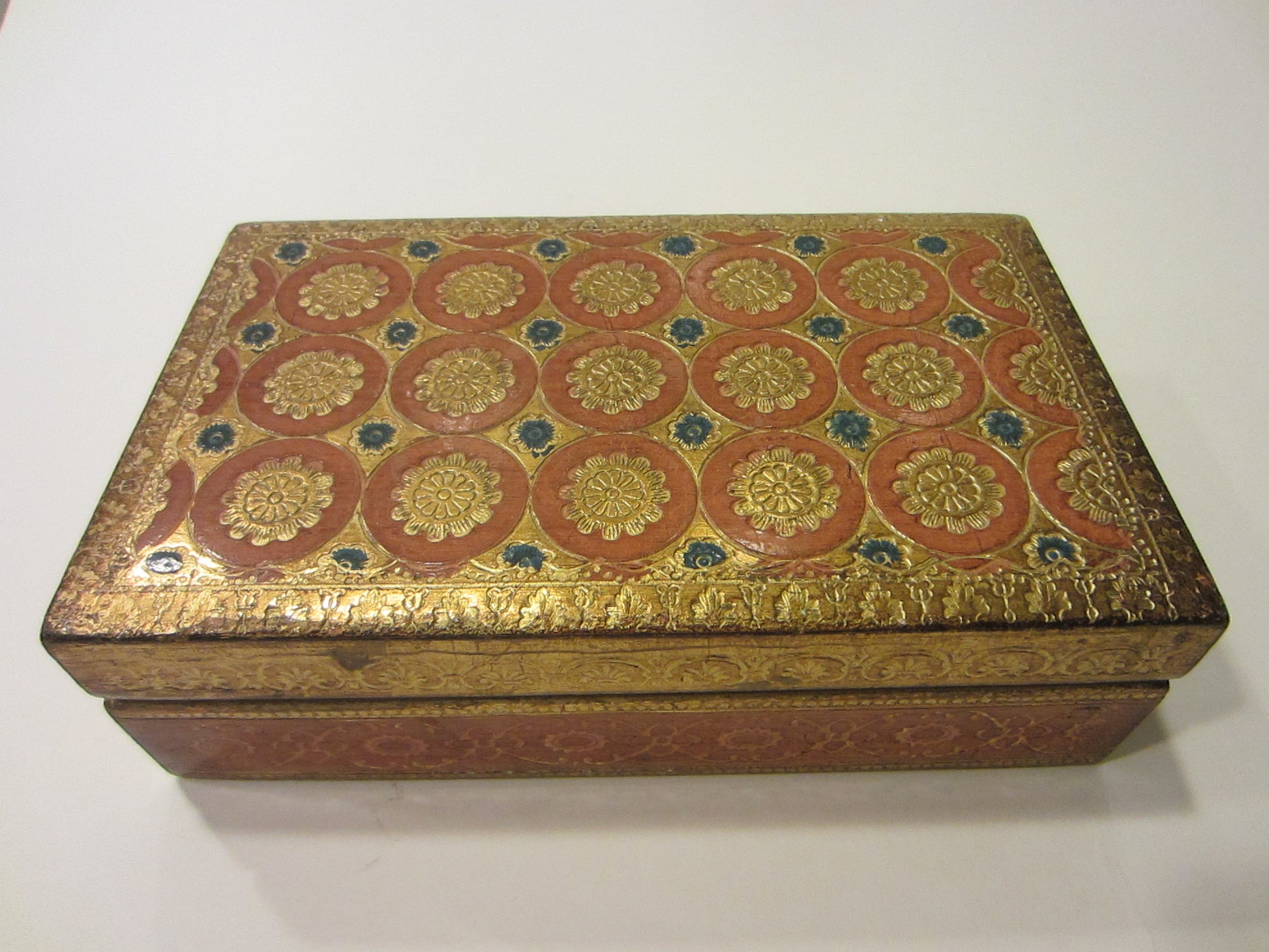 Italy A Decorative Craft Florentia Hand Made Terracotta Carved Floral Gold Box - Designer Unique Finds 