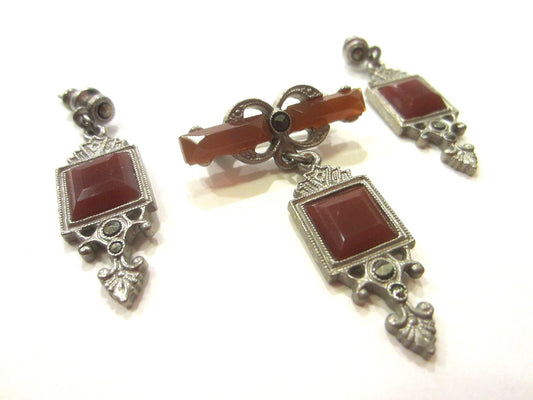 Art Deco Marcasite Agate Pendant Brooch Earrings Suit