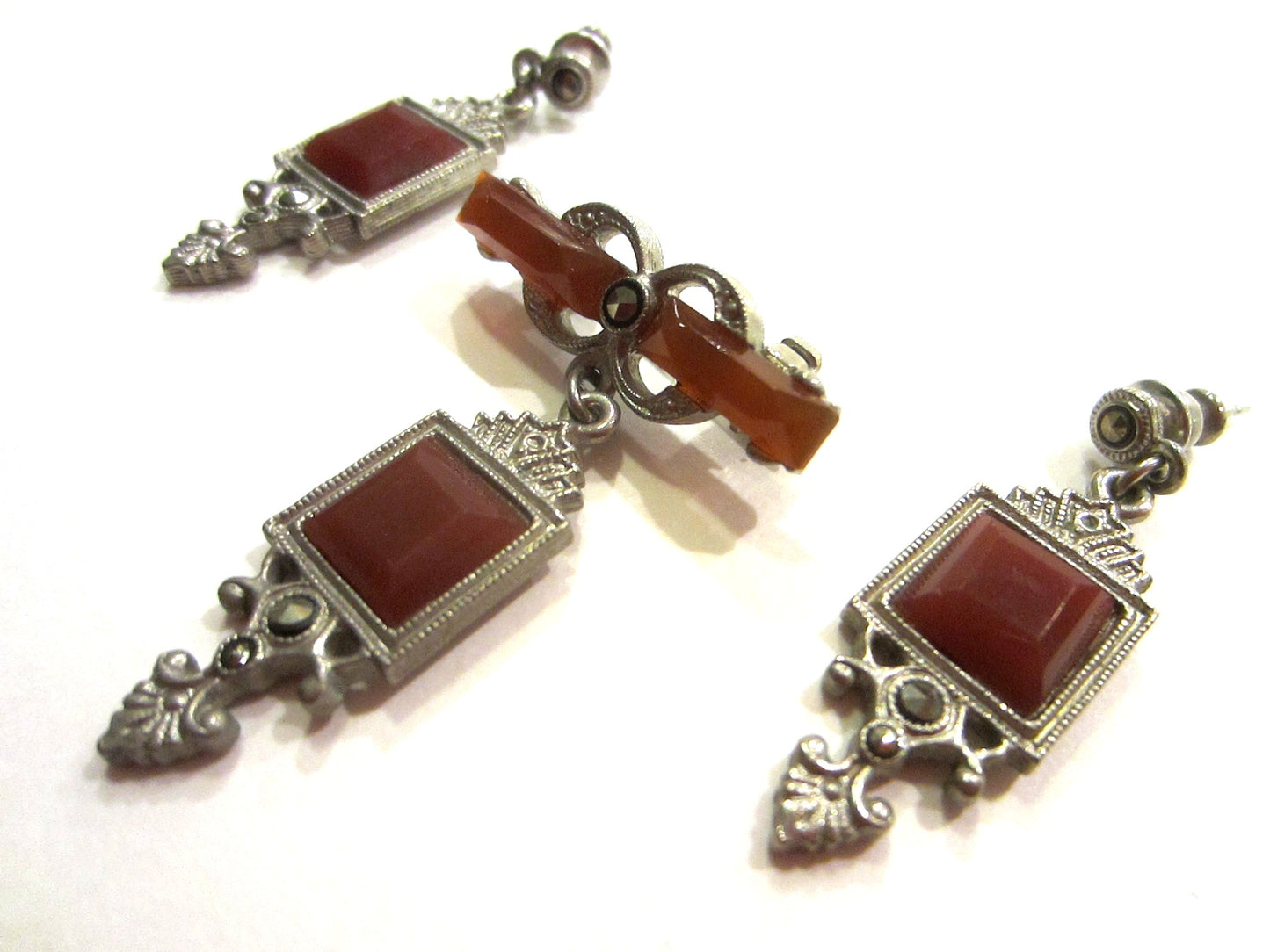 Art Deco Marcasite Agate Pendant Brooch Earrings Suit