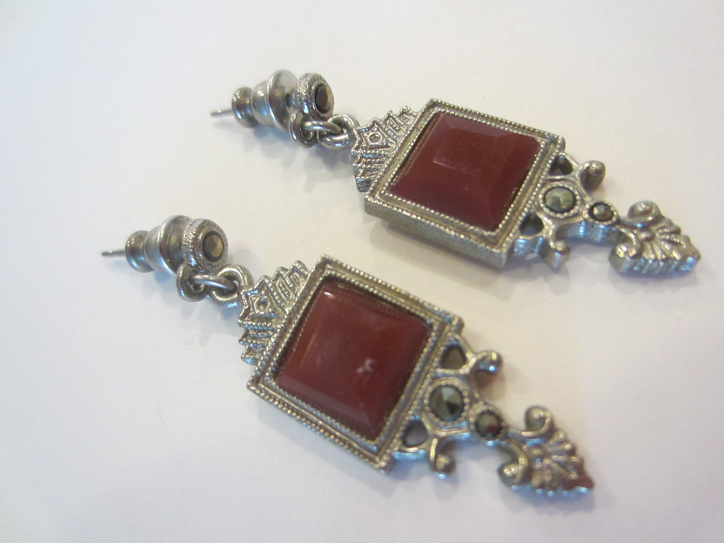 Art Deco Marcasite Agate Pendant Brooch Earrings Suit