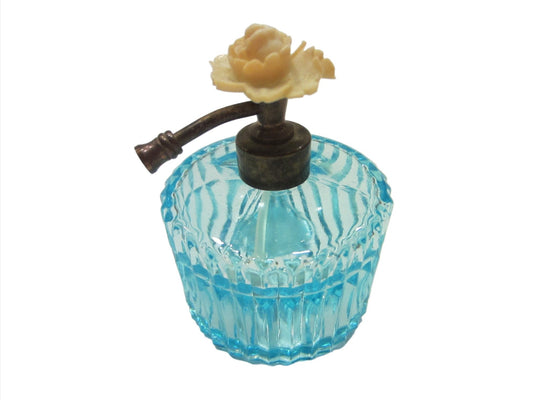 Blue Atomizer Perfume Bottle Stripe Glass Blooming Flower Top By I W Rice Co Japan - Designer Unique Finds 