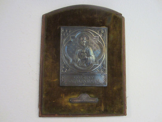 Silver Religious Icon Plaque Circa 1914 Mount Leather Velvet - Designer Unique Finds 