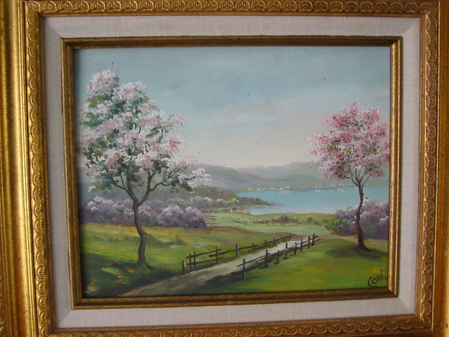 Conti Impressionist Contemporary Landscape Pink Tree Signed Oil On Board - Designer Unique Finds 