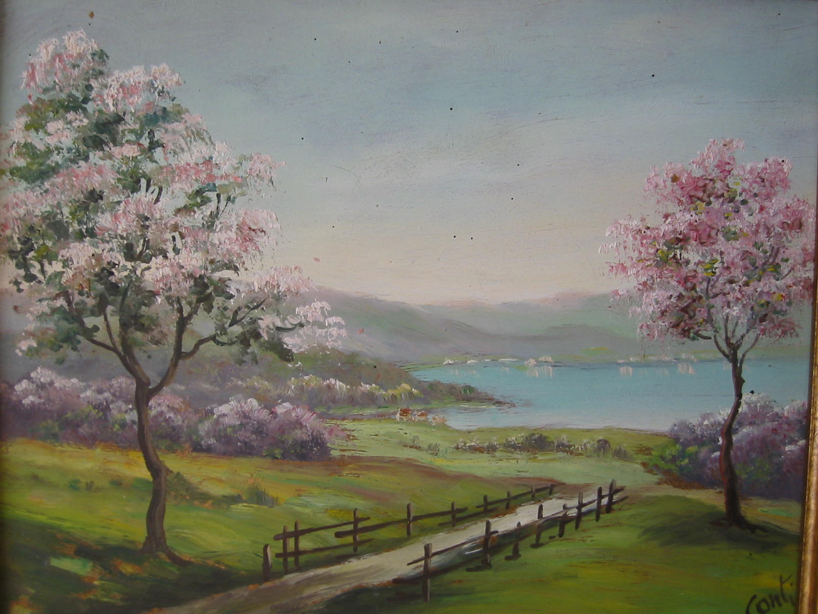 Conti Impressionist Landscape Bold Pink Tree Signed Oil On Board - Designer Unique Finds 