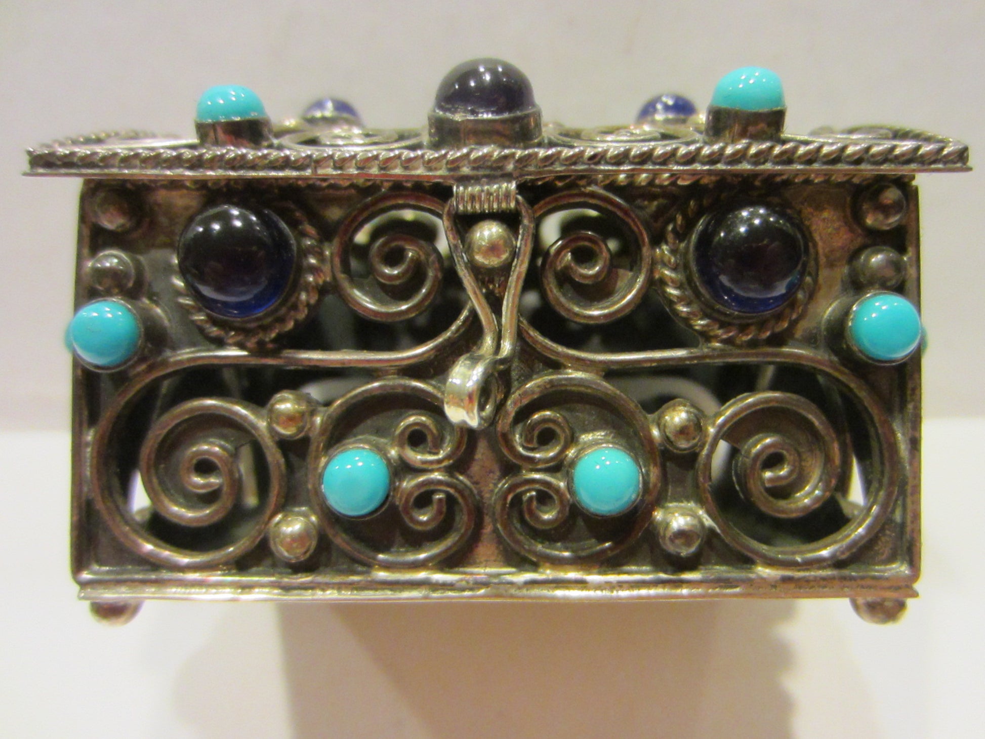 Sterling Miniature Chest Raised Highlighted Scrolled Turquoise Stones - Designer Unique Finds 
 - 1