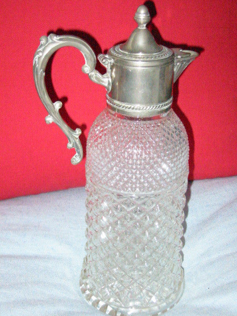 Silver Plated Diamond Cut Glass Water Pitcher Apothecary Decanter - Designer Unique Finds 