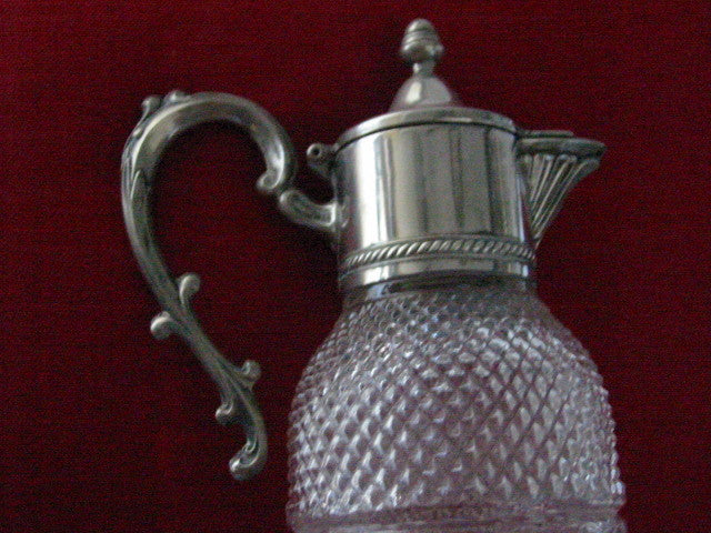 Silver Plated Diamond Cut Glass Water Pitcher Apothecary Decanter - Designer Unique Finds 