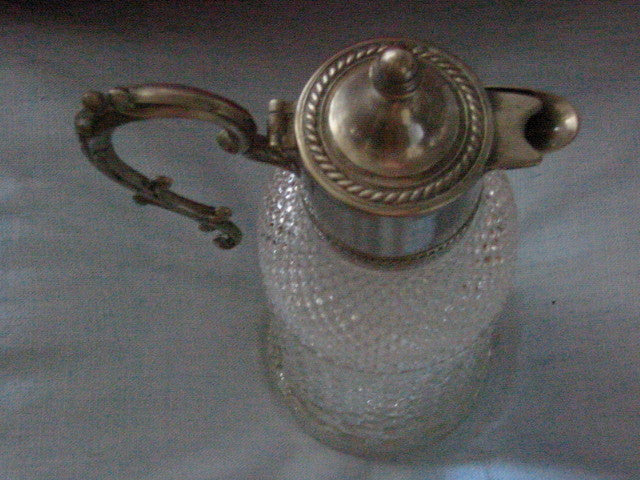 Silver Plated Diamond Cut Glass Water Pitcher Apothecary Decanter - Designer Unique Finds 