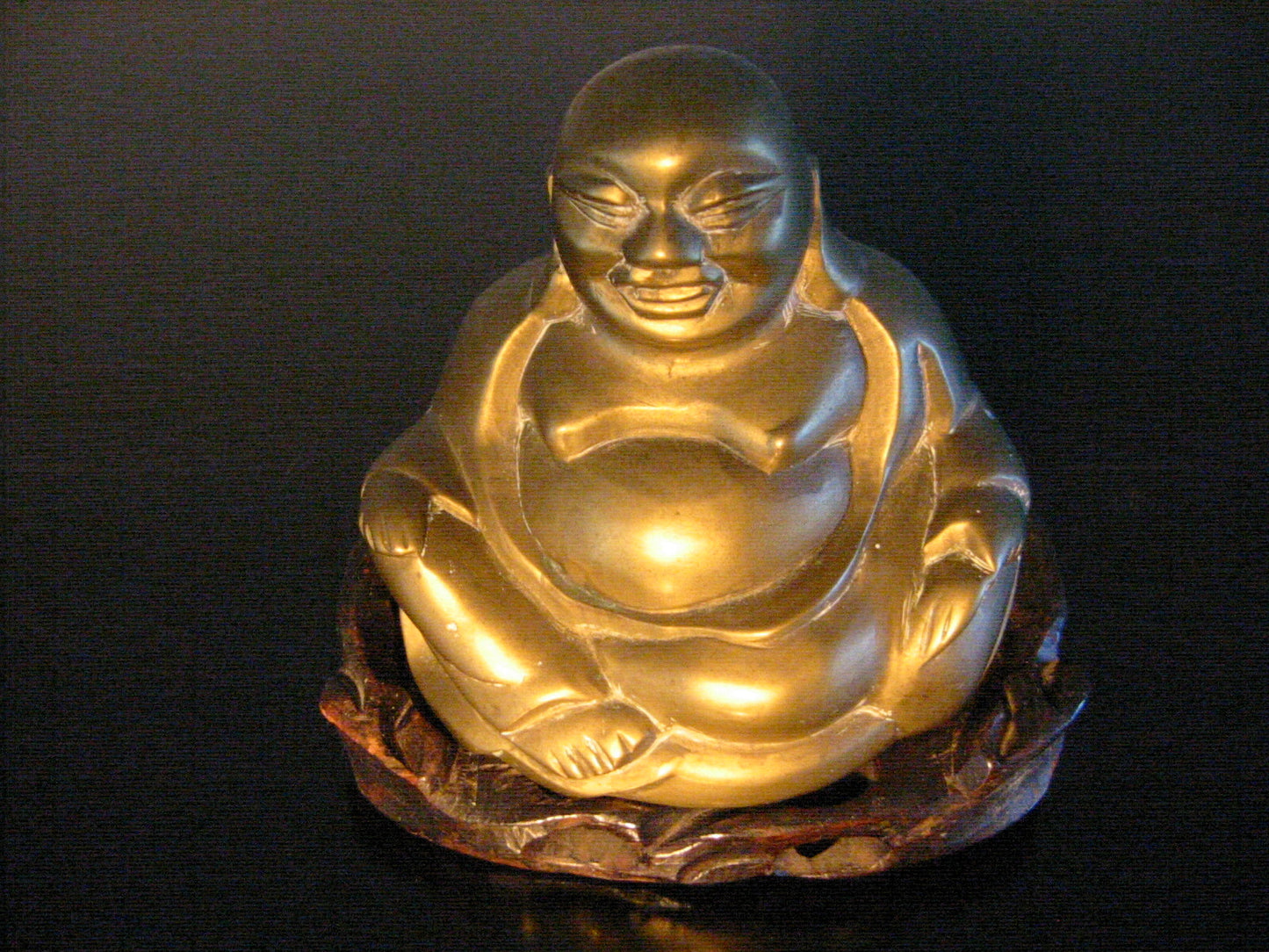 Brass Buddha On Carved Mahogany Stand - Designer Unique Finds 