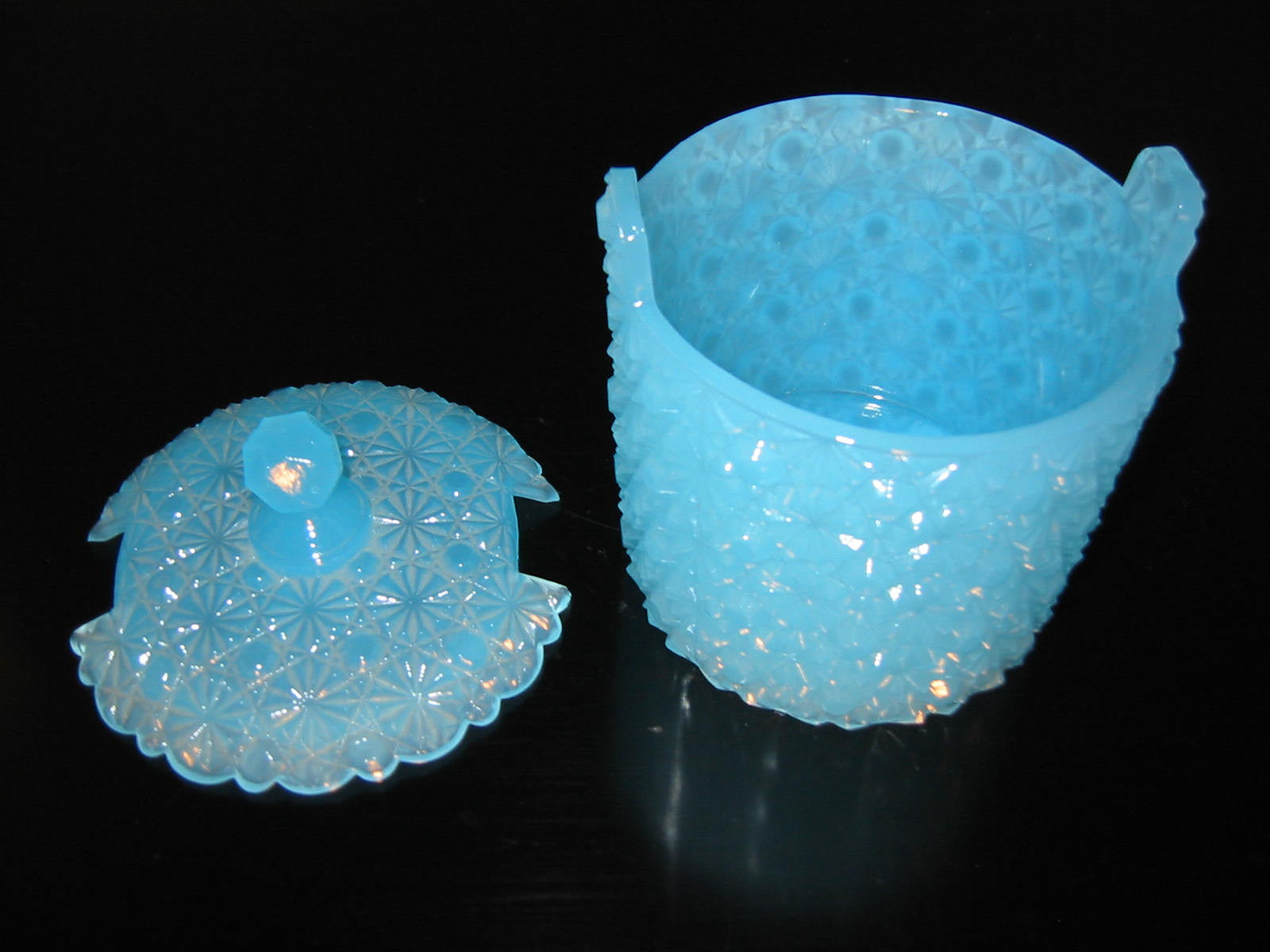 Depression Glass Snow Flake Design Blue Turquoise Covered Vanity Cotton Jar - Designer Unique Finds 
 - 4